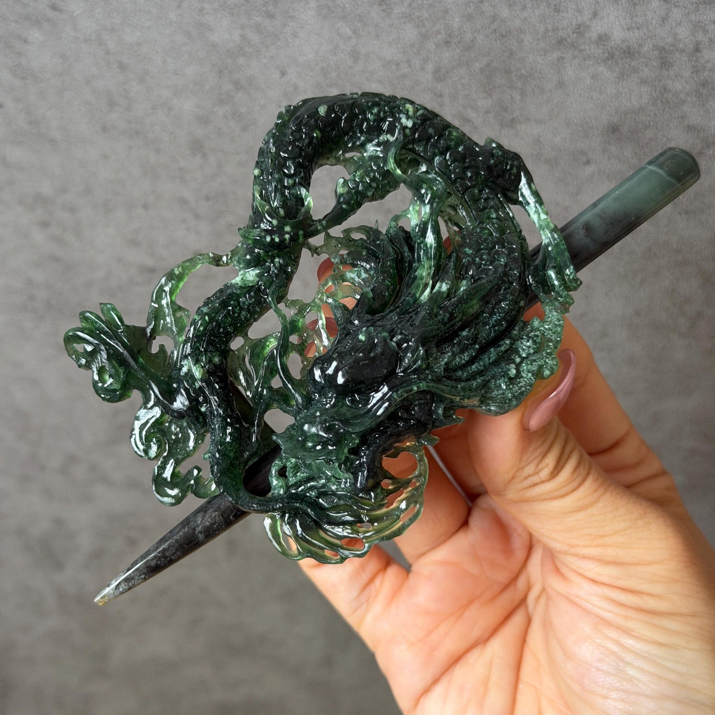 Xiu Jade Dragon Hand Carved Hair Crown: Natural Serpentine Ice Deep Green Jade Handcrafted Hair Stick Hollow Out Carving | Asian Vintage Hair Fork gift for her dragon carving hand engraved dragon hair stick green jade carving dragon hair fork chinese jade with certificate dragon lover gift korean hair pin japanese hair stick hair fork hair comb hanfu hair stick with certificate handcrafted jade 3D stone carving bridal headpiece wedding hair jewelry untreated jade bridal shower gift