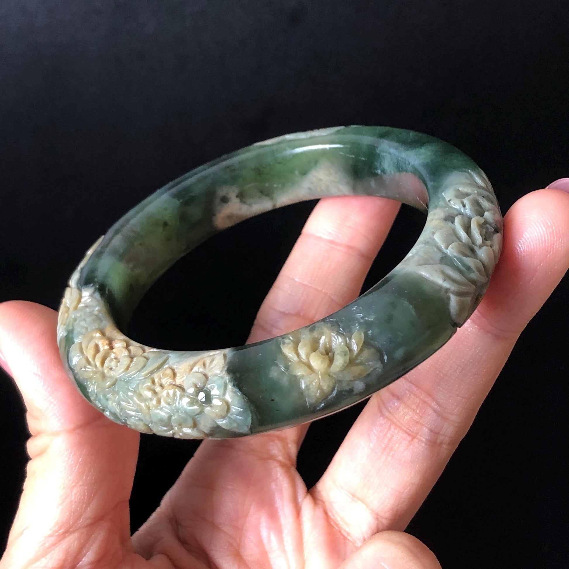 57.9mm Xiu Jade Serpentine Hand Carved Peony Flowers Bangle: Natural Brown Yellow Green Jade Handcrafted Bracelet, Stone Carving Gemstone Jewelry Gift for her wide jade bangle jade carving hand engraved stone carving natural untreated jade bracelet green jade white jade handcraft jade peony carving flower carving chinese jade vintage bangle antique bracelet lotus bracelet relief carving birthday gift for her