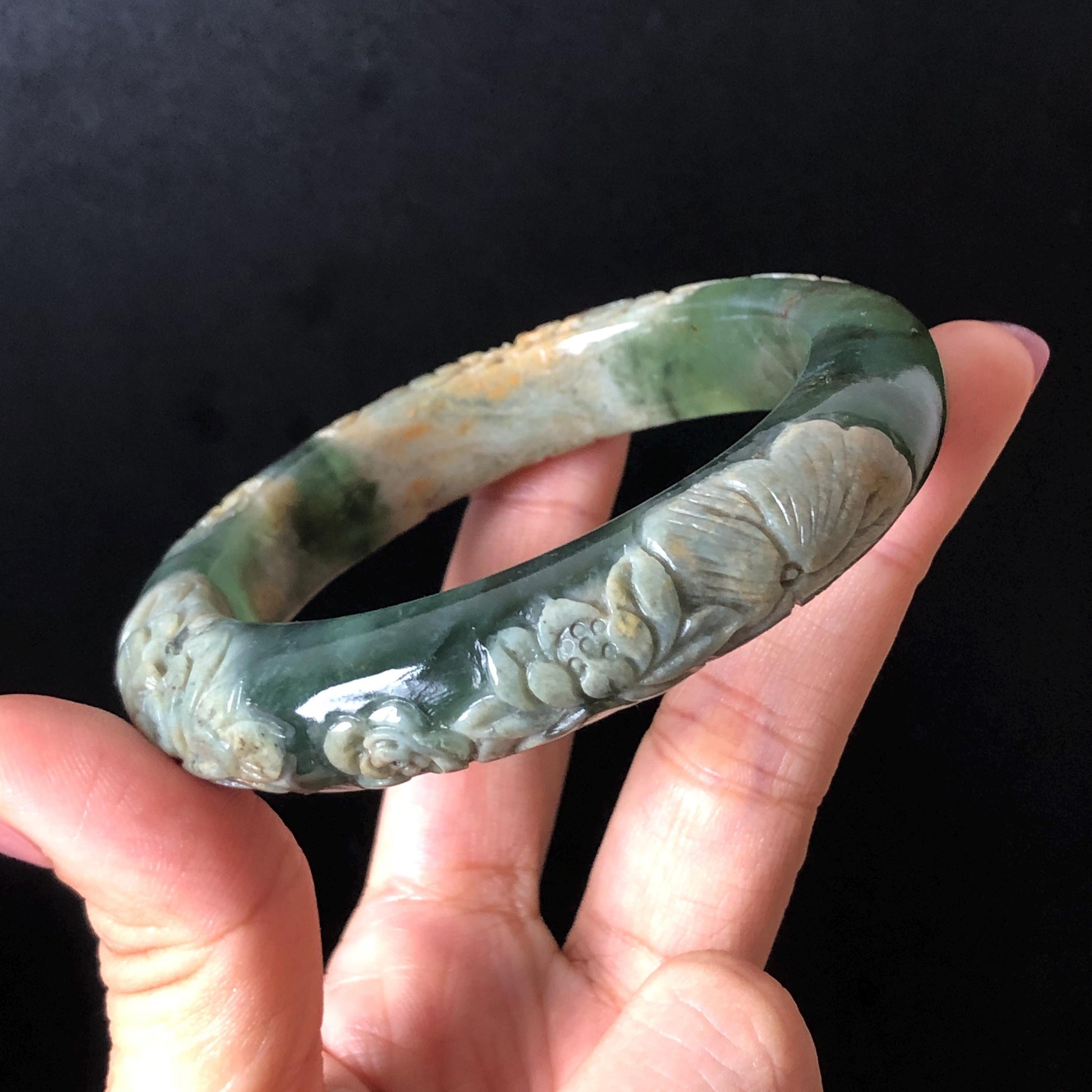 57.9mm Xiu Jade Serpentine Hand Carved Peony Flowers Bangle: Natural Brown Yellow Green Jade Handcrafted Bracelet, Stone Carving Gemstone Jewelry Gift for her wide jade bangle jade carving hand engraved stone carving natural untreated jade bracelet green jade white jade handcraft jade peony carving flower carving chinese jade vintage bangle antique bracelet lotus bracelet relief carving birthday gift for her