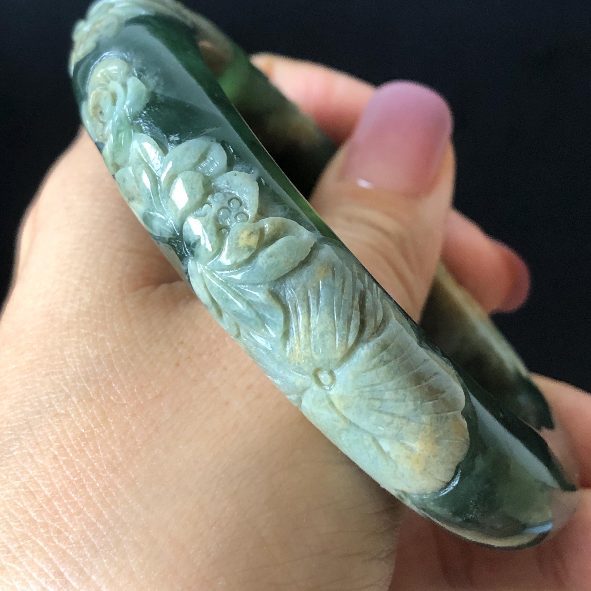 57.9mm Xiu Jade Serpentine Hand Carved Peony Flowers Bangle: Natural Brown Yellow Green Jade Handcrafted Bracelet, Stone Carving Gemstone Jewelry Gift for her wide jade bangle jade carving hand engraved stone carving natural untreated jade bracelet green jade white jade handcraft jade peony carving flower carving chinese jade vintage bangle antique bracelet lotus bracelet relief carving birthday gift for her