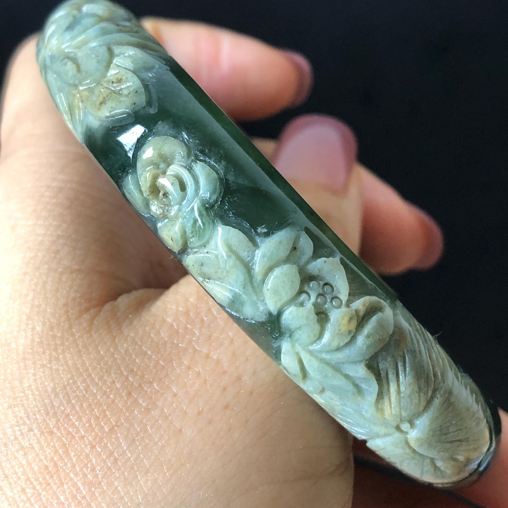 57.9mm Xiu Jade Serpentine Hand Carved Peony Flowers Bangle: Natural Brown Yellow Green Jade Handcrafted Bracelet, Stone Carving Gemstone Jewelry Gift for her wide jade bangle jade carving hand engraved stone carving natural untreated jade bracelet green jade white jade handcraft jade peony carving flower carving chinese jade vintage bangle antique bracelet lotus bracelet relief carving birthday gift for her