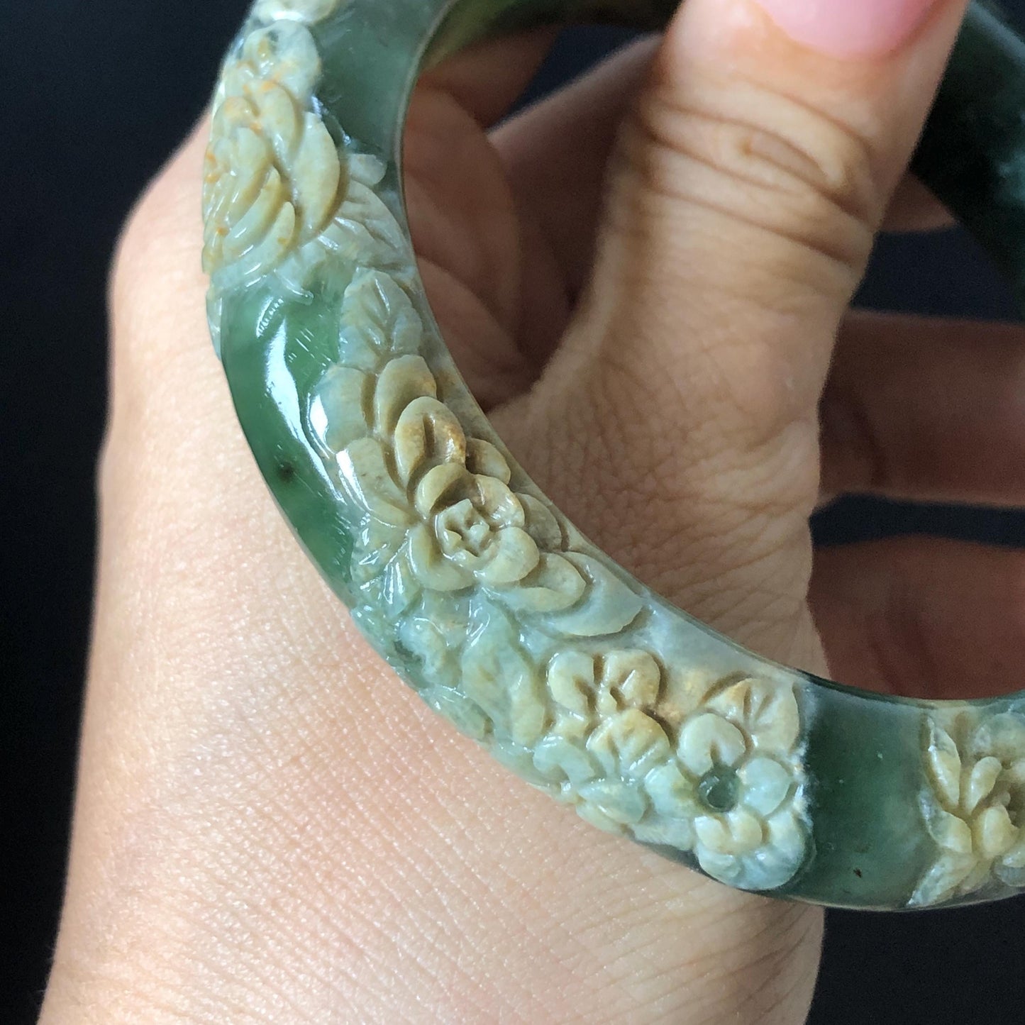 57.9mm Xiu Jade Serpentine Hand Carved Peony Flowers Bangle: Natural Brown Yellow Green Jade Handcrafted Bracelet, Stone Carving Gemstone Jewelry Gift for her wide jade bangle jade carving hand engraved stone carving natural untreated jade bracelet green jade white jade handcraft jade peony carving flower carving chinese jade vintage bangle antique bracelet lotus bracelet relief carving birthday gift for her