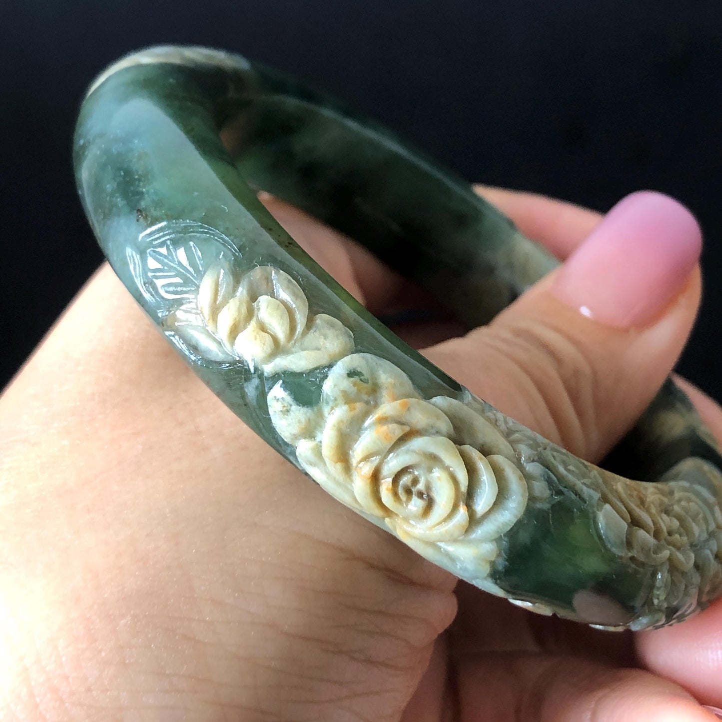 57.9mm Xiu Jade Serpentine Hand Carved Peony Flowers Bangle: Natural Brown Yellow Green Jade Handcrafted Bracelet, Stone Carving Gemstone Jewelry Gift for her wide jade bangle jade carving hand engraved stone carving natural untreated jade bracelet green jade white jade handcraft jade peony carving flower carving chinese jade vintage bangle antique bracelet lotus bracelet relief carving birthday gift for her
