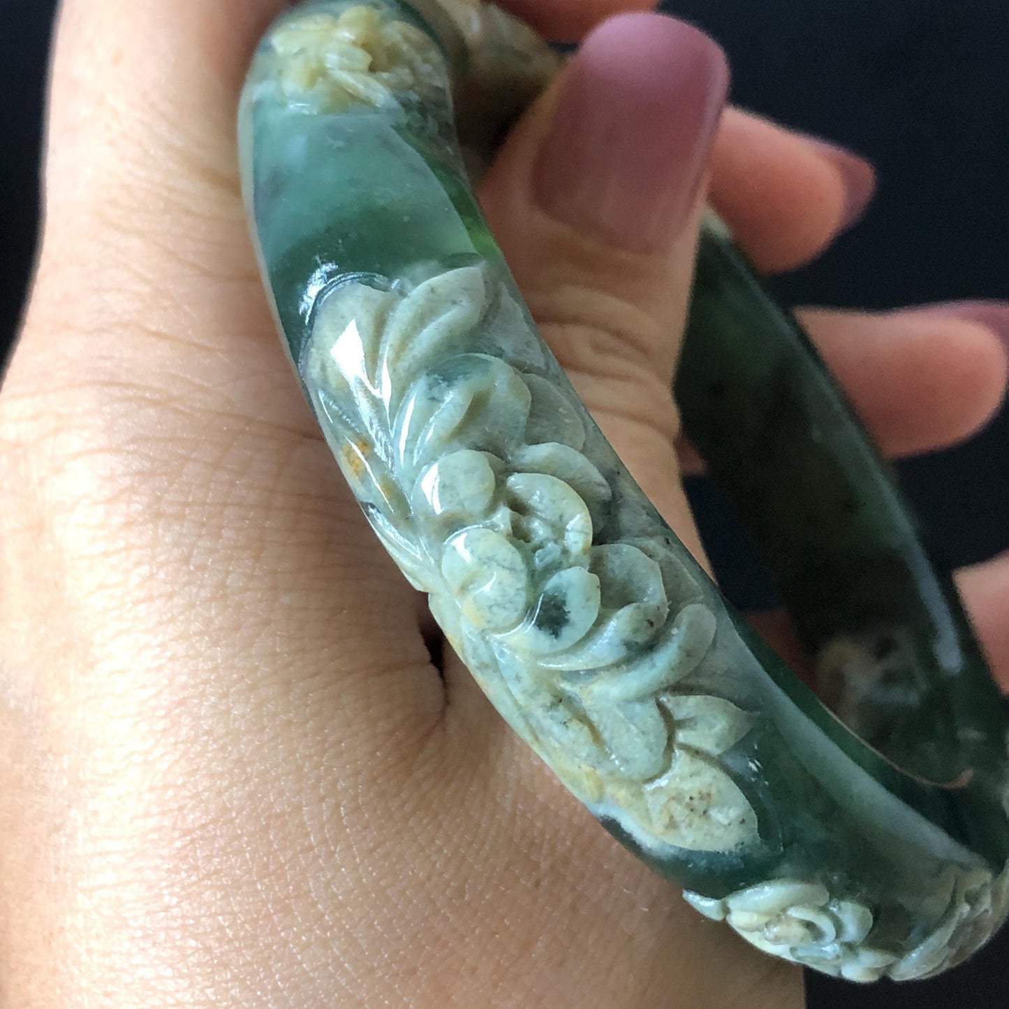 57.9mm Xiu Jade Serpentine Hand Carved Peony Flowers Bangle: Natural Brown Yellow Green Jade Handcrafted Bracelet, Stone Carving Gemstone Jewelry Gift for her wide jade bangle jade carving hand engraved stone carving natural untreated jade bracelet green jade white jade handcraft jade peony carving flower carving chinese jade vintage bangle antique bracelet lotus bracelet relief carving birthday gift for her