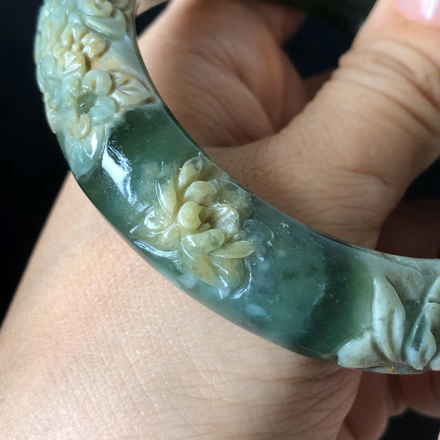 57.9mm Xiu Jade Serpentine Hand Carved Peony Flowers Bangle: Natural Brown Yellow Green Jade Handcrafted Bracelet, Stone Carving Gemstone Jewelry Gift for her wide jade bangle jade carving hand engraved stone carving natural untreated jade bracelet green jade white jade handcraft jade peony carving flower carving chinese jade vintage bangle antique bracelet lotus bracelet relief carving birthday gift for her