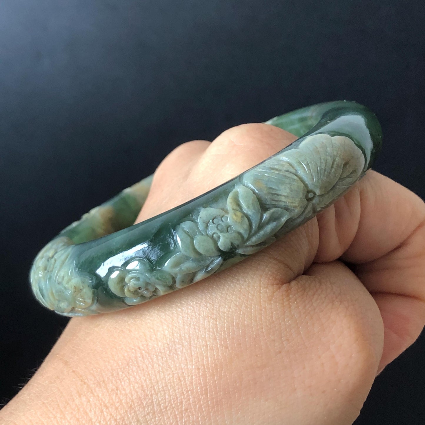 57.9mm Xiu Jade Serpentine Hand Carved Peony Flowers Bangle: Natural Brown Yellow Green Jade Handcrafted Bracelet, Stone Carving Gemstone Jewelry Gift for her wide jade bangle jade carving hand engraved stone carving natural untreated jade bracelet green jade white jade handcraft jade peony carving flower carving chinese jade vintage bangle antique bracelet lotus bracelet relief carving birthday gift for her