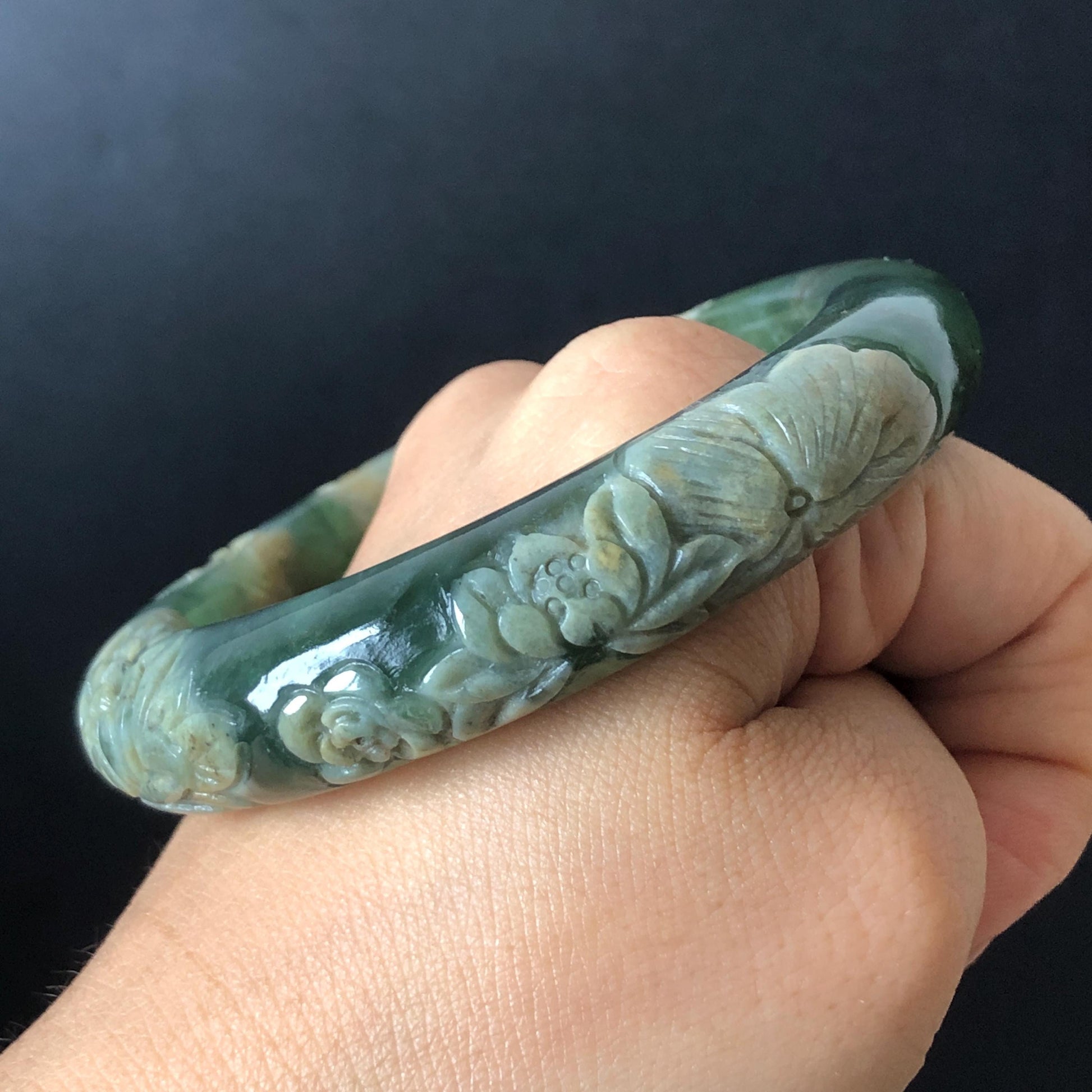 57.9mm Xiu Jade Serpentine Hand Carved Peony Flowers Bangle: Natural Brown Yellow Green Jade Handcrafted Bracelet, Stone Carving Gemstone Jewelry Gift for her wide jade bangle jade carving hand engraved stone carving natural untreated jade bracelet green jade white jade handcraft jade peony carving flower carving chinese jade vintage bangle antique bracelet lotus bracelet relief carving birthday gift for her