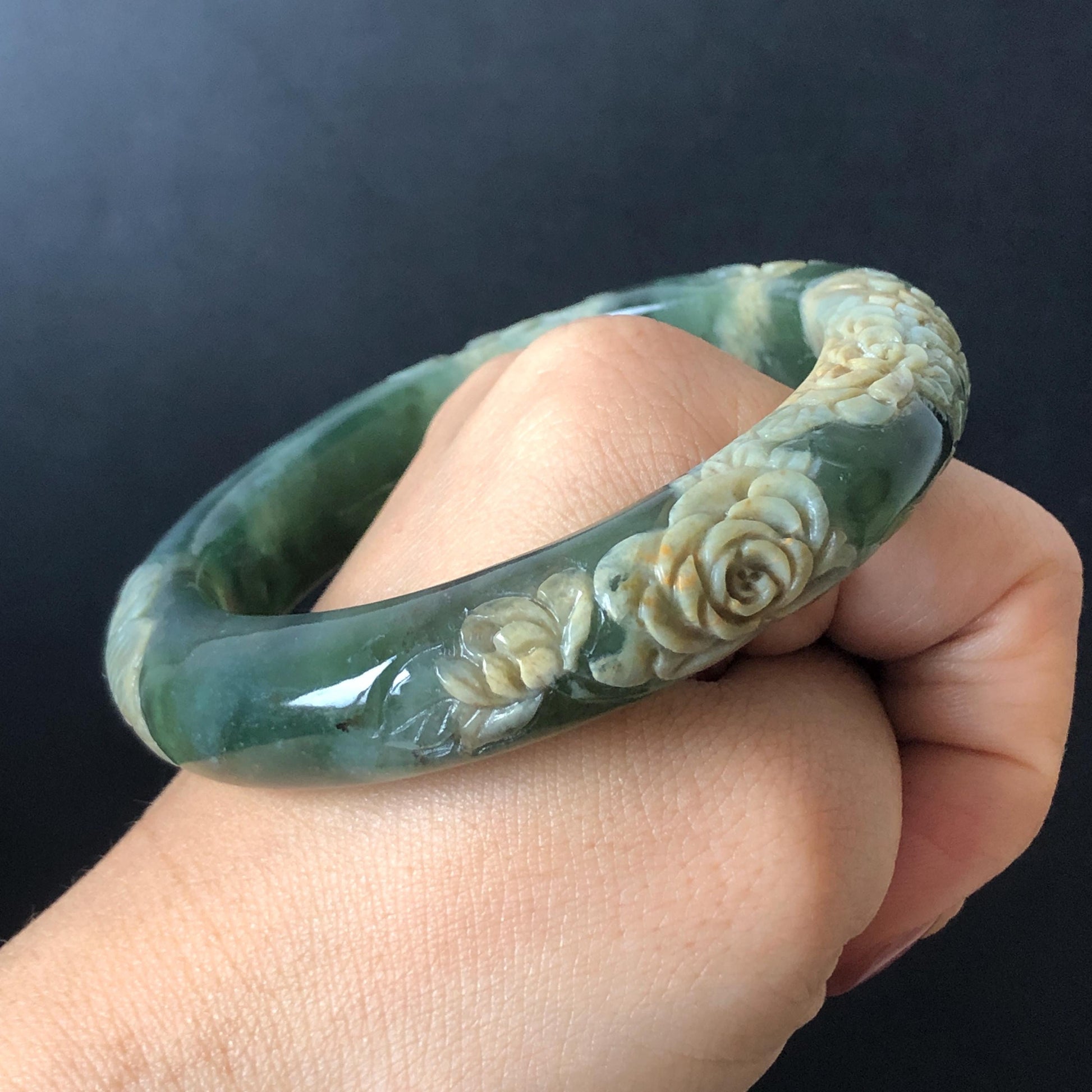 57.9mm Xiu Jade Serpentine Hand Carved Peony Flowers Bangle: Natural Brown Yellow Green Jade Handcrafted Bracelet, Stone Carving Gemstone Jewelry Gift for her wide jade bangle jade carving hand engraved stone carving natural untreated jade bracelet green jade white jade handcraft jade peony carving flower carving chinese jade vintage bangle antique bracelet lotus bracelet relief carving birthday gift for her