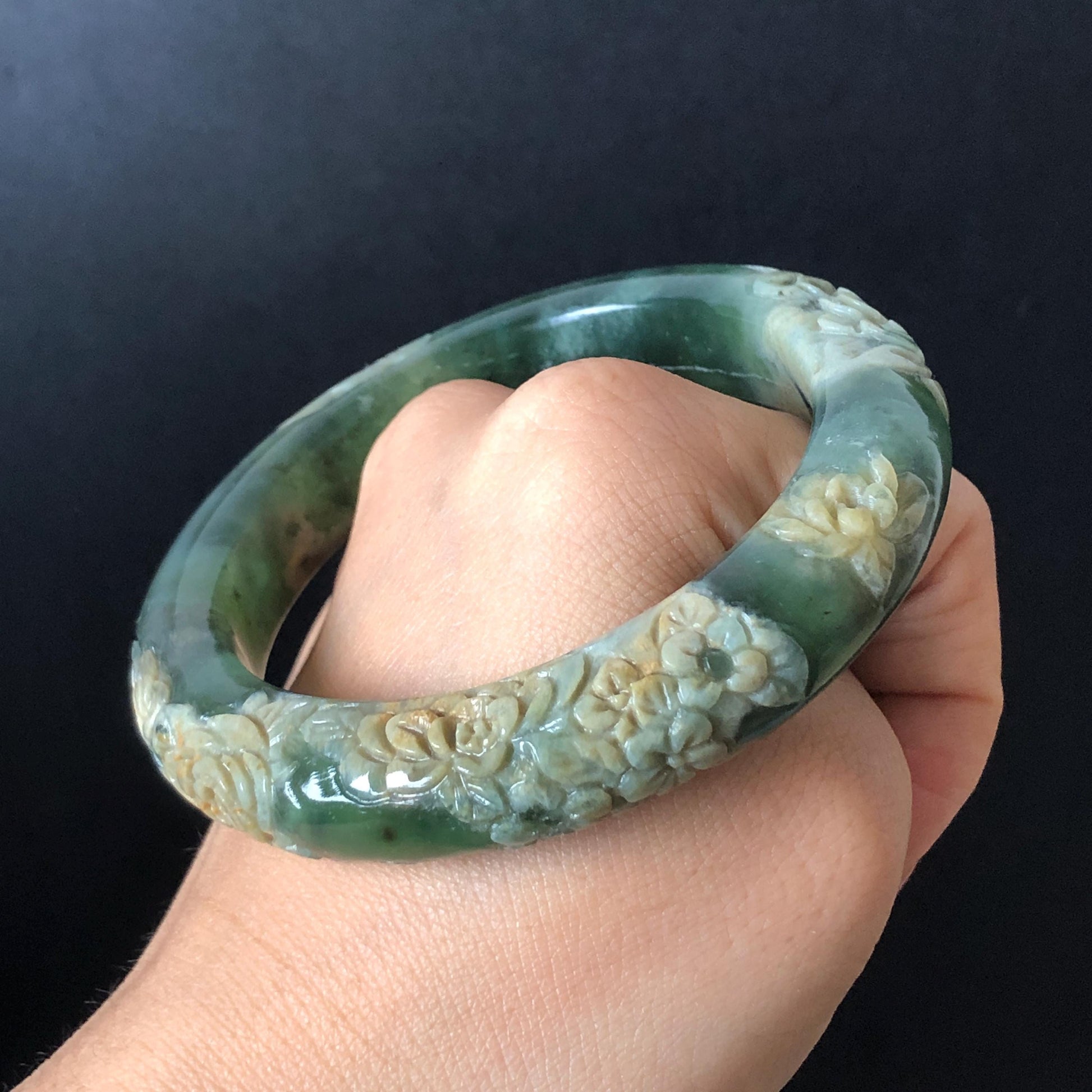 57.9mm Xiu Jade Serpentine Hand Carved Peony Flowers Bangle: Natural Brown Yellow Green Jade Handcrafted Bracelet, Stone Carving Gemstone Jewelry Gift for her wide jade bangle jade carving hand engraved stone carving natural untreated jade bracelet green jade white jade handcraft jade peony carving flower carving chinese jade vintage bangle antique bracelet lotus bracelet relief carving birthday gift for her