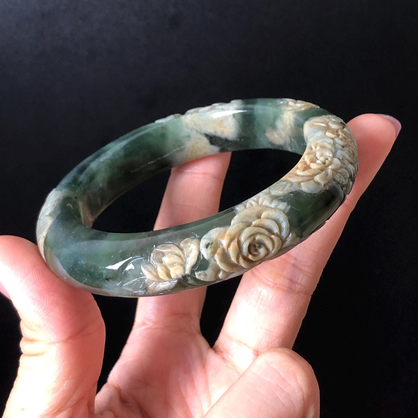 57.9mm Xiu Jade Serpentine Hand Carved Peony Flowers Bangle: Natural Brown Yellow Green Jade Handcrafted Bracelet, Stone Carving Gemstone Jewelry Gift for her wide jade bangle jade carving hand engraved stone carving natural untreated jade bracelet green jade white jade handcraft jade peony carving flower carving chinese jade vintage bangle antique bracelet lotus bracelet relief carving birthday gift for her