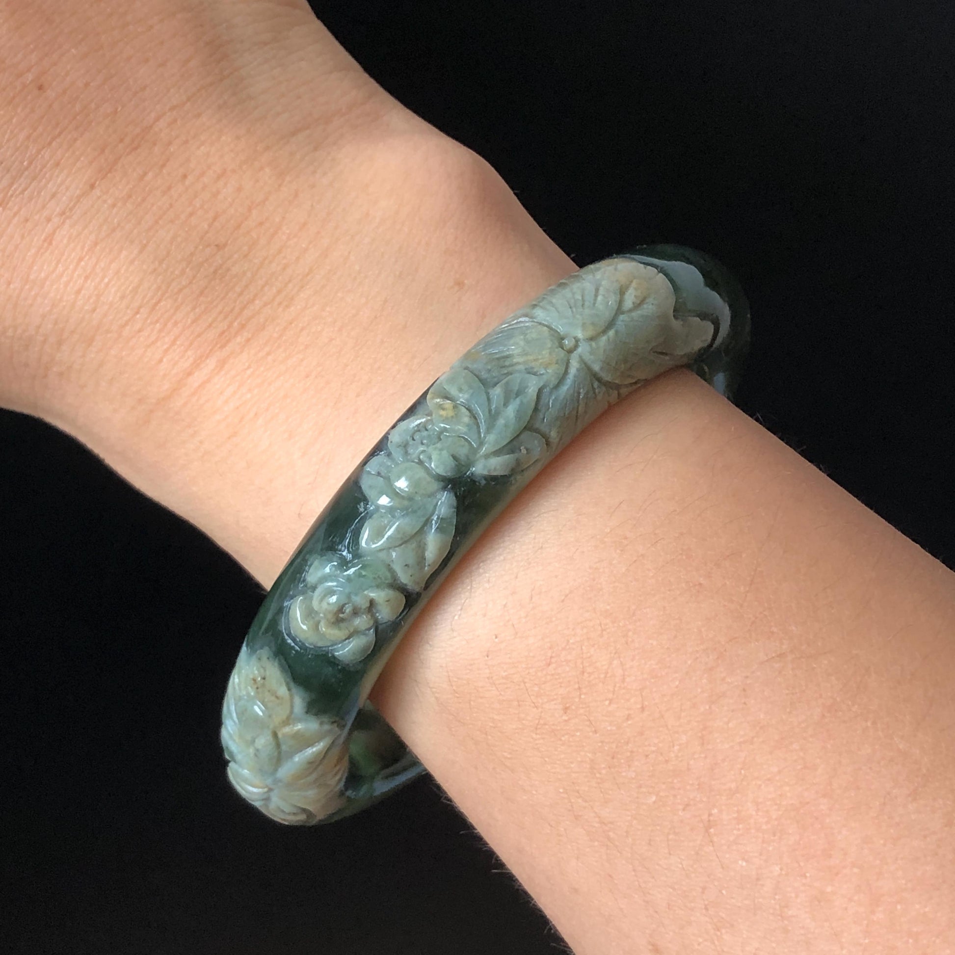 57.9mm Xiu Jade Serpentine Hand Carved Peony Flowers Bangle: Natural Brown Yellow Green Jade Handcrafted Bracelet, Stone Carving Gemstone Jewelry Gift for her wide jade bangle jade carving hand engraved stone carving natural untreated jade bracelet green jade white jade handcraft jade peony carving flower carving chinese jade vintage bangle antique bracelet lotus bracelet relief carving birthday gift for her
