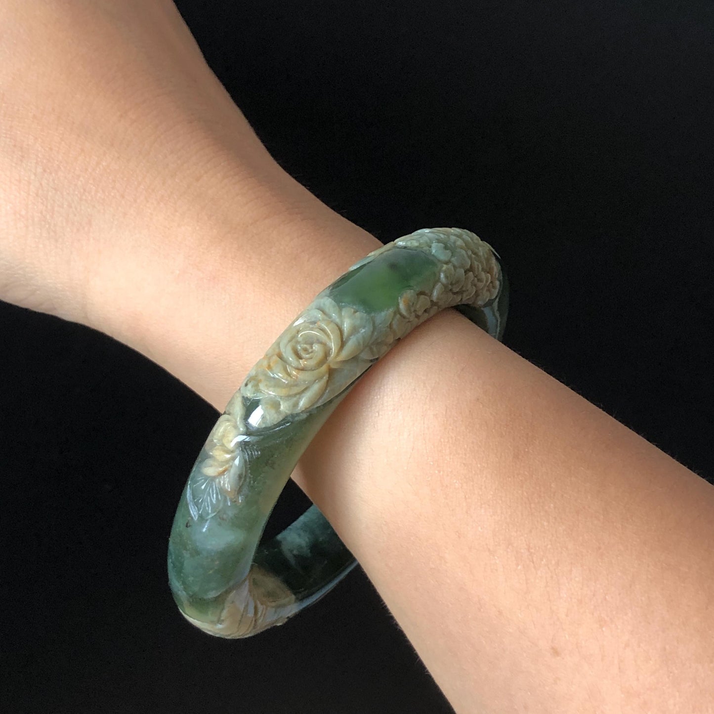 57.9mm Xiu Jade Serpentine Hand Carved Peony Flowers Bangle: Natural Brown Yellow Green Jade Handcrafted Bracelet, Stone Carving Gemstone Jewelry Gift for her wide jade bangle jade carving hand engraved stone carving natural untreated jade bracelet green jade white jade handcraft jade peony carving flower carving chinese jade vintage bangle antique bracelet lotus bracelet relief carving birthday gift for her