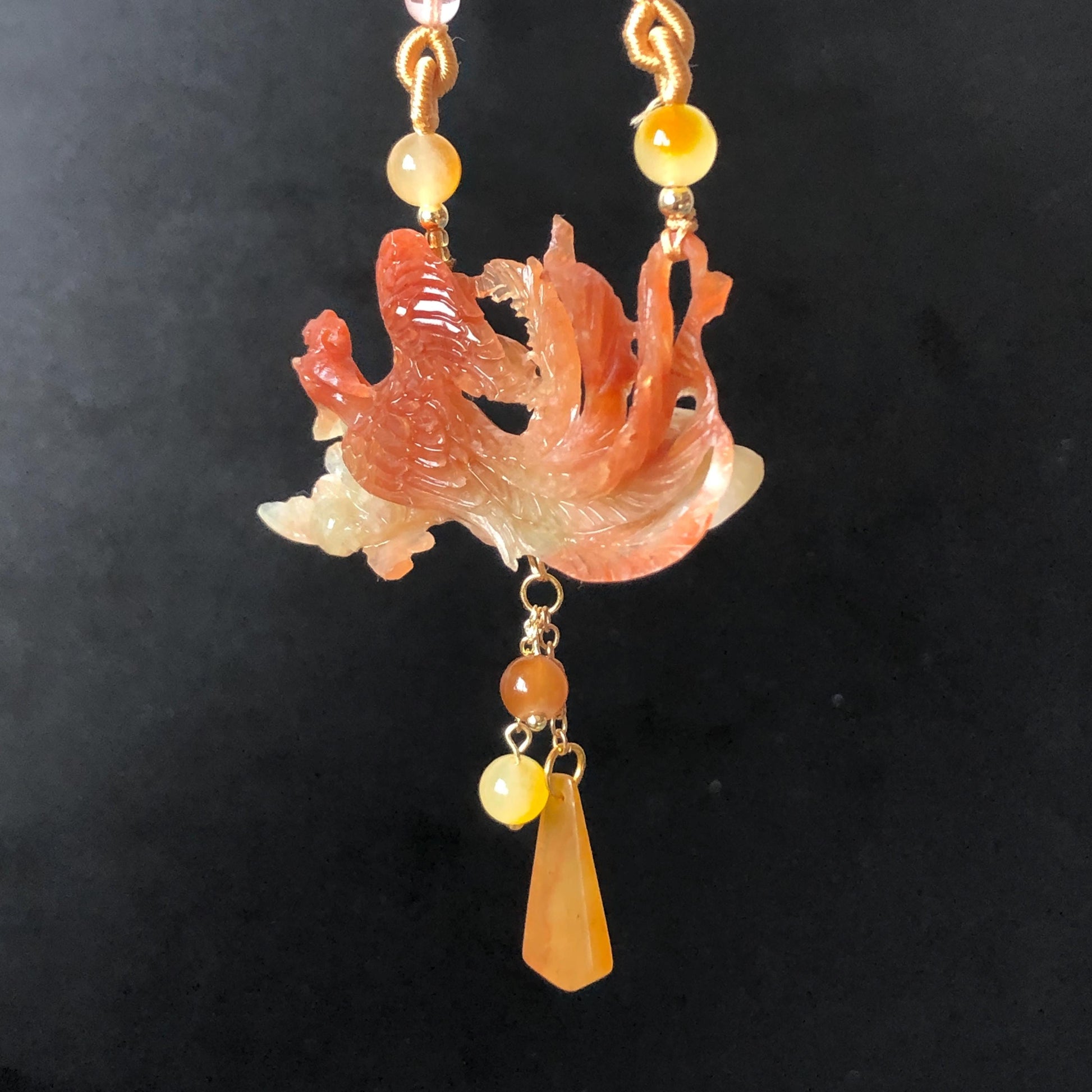 Xiu Jade Fire Phoenix Hand Carved Pendant Adjustable Necklace Dangle Choker: Natural Serpentine Untreated Yellow Red Jade Carving Charm | Asian Vintage Style Chinese Pendant Necklace Antique Pendant multicolour jade orange jade red jade white jade asian vintage necklace braided necklace red phoenix carving peony charm phoenix lover gift flower carving hand engraved jewelry hand carved jade handcrafted necklace dangle good luck charm animals carving flower pendant adjustable necklace choker
