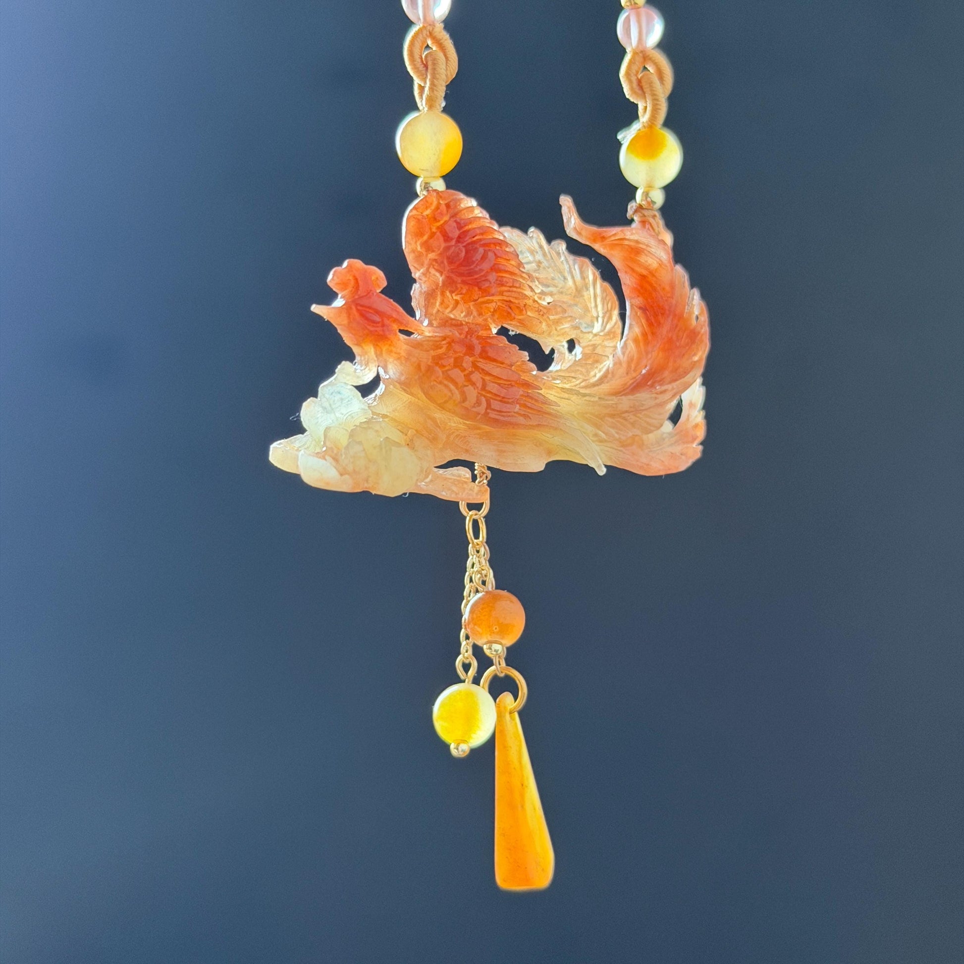 Xiu Jade Fire Phoenix Hand Carved Pendant Adjustable Necklace Dangle Choker: Natural Serpentine Untreated Yellow Red Jade Carving Charm | Asian Vintage Style Chinese Pendant Necklace Antique Pendant multicolour jade orange jade red jade white jade asian vintage necklace braided necklace red phoenix carving peony charm phoenix lover gift flower carving hand engraved jewelry hand carved jade handcrafted necklace dangle good luck charm animals carving flower pendant adjustable necklace choker