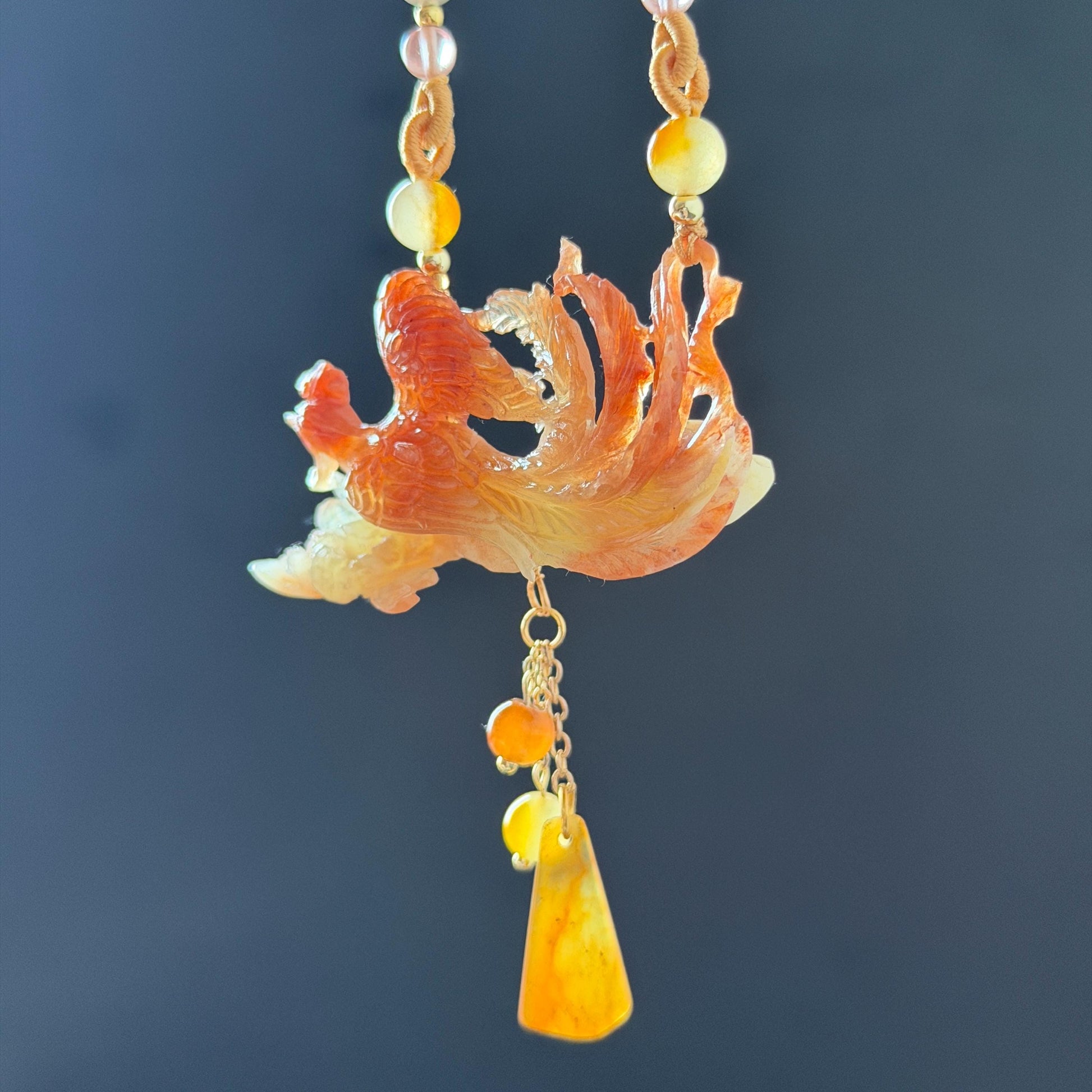 Xiu Jade Fire Phoenix Hand Carved Pendant Adjustable Necklace Dangle Choker: Natural Serpentine Untreated Yellow Red Jade Carving Charm | Asian Vintage Style Chinese Pendant Necklace Antique Pendant multicolour jade orange jade red jade white jade asian vintage necklace braided necklace red phoenix carving peony charm phoenix lover gift flower carving hand engraved jewelry hand carved jade handcrafted necklace dangle good luck charm animals carving flower pendant adjustable necklace choker