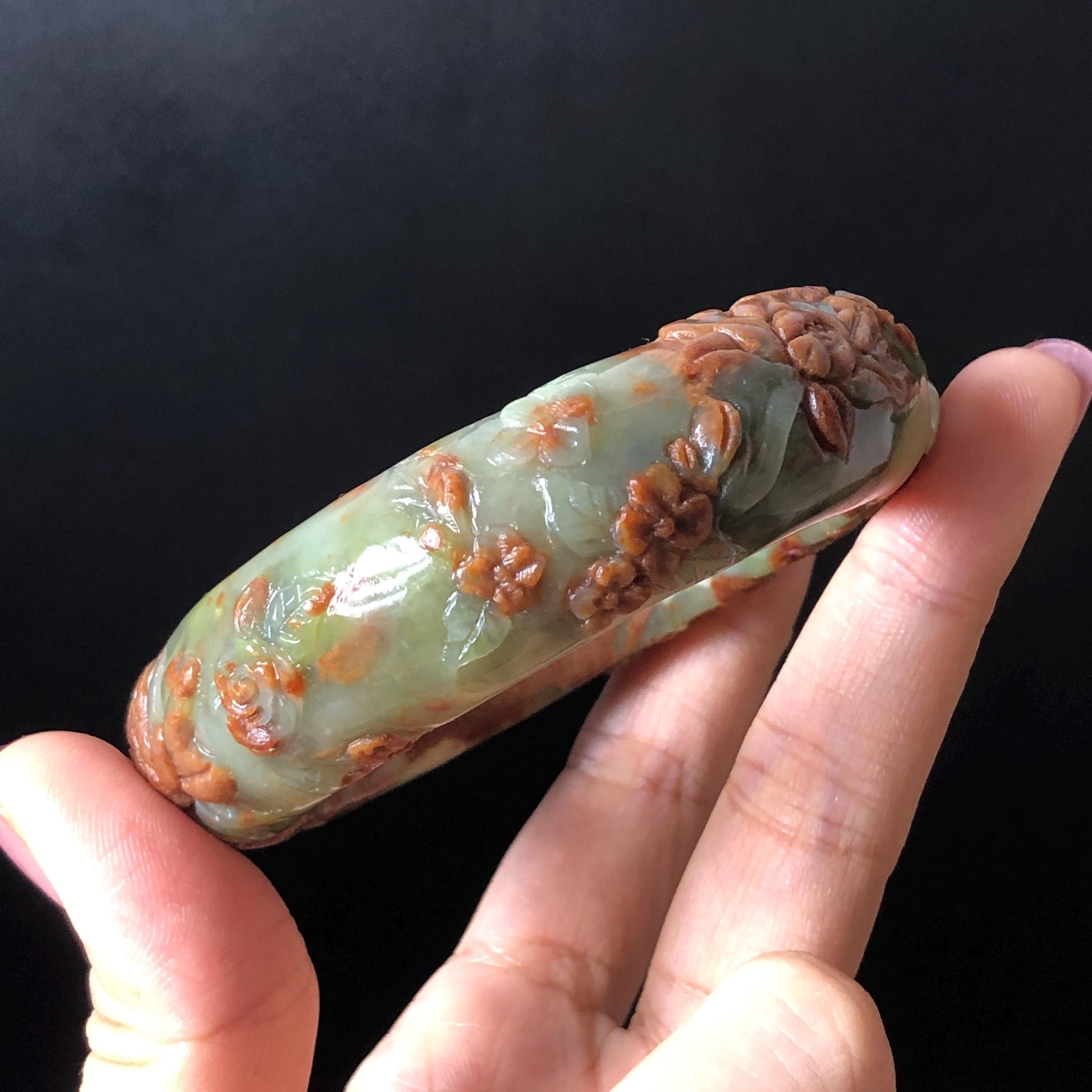 57.1mm Xiu Jade Peony Lotus Flowers Hand Carved Bangle: Natural Serpentine Brown White Green Jade Handcrafted Bracelet, Stone Carving Gemstone Jewelry Gift for her wide jade bangle jade carving hand engraved stone carving natural untreated jade bracelet white jade green jade brown jade handcraft jade peony carving flower carving chinese jade vintage bangle antique bracelet Osmanthus flower antique bangle hand engraved jewelry lotus carving lotus leaves relief carving birthday gift for women