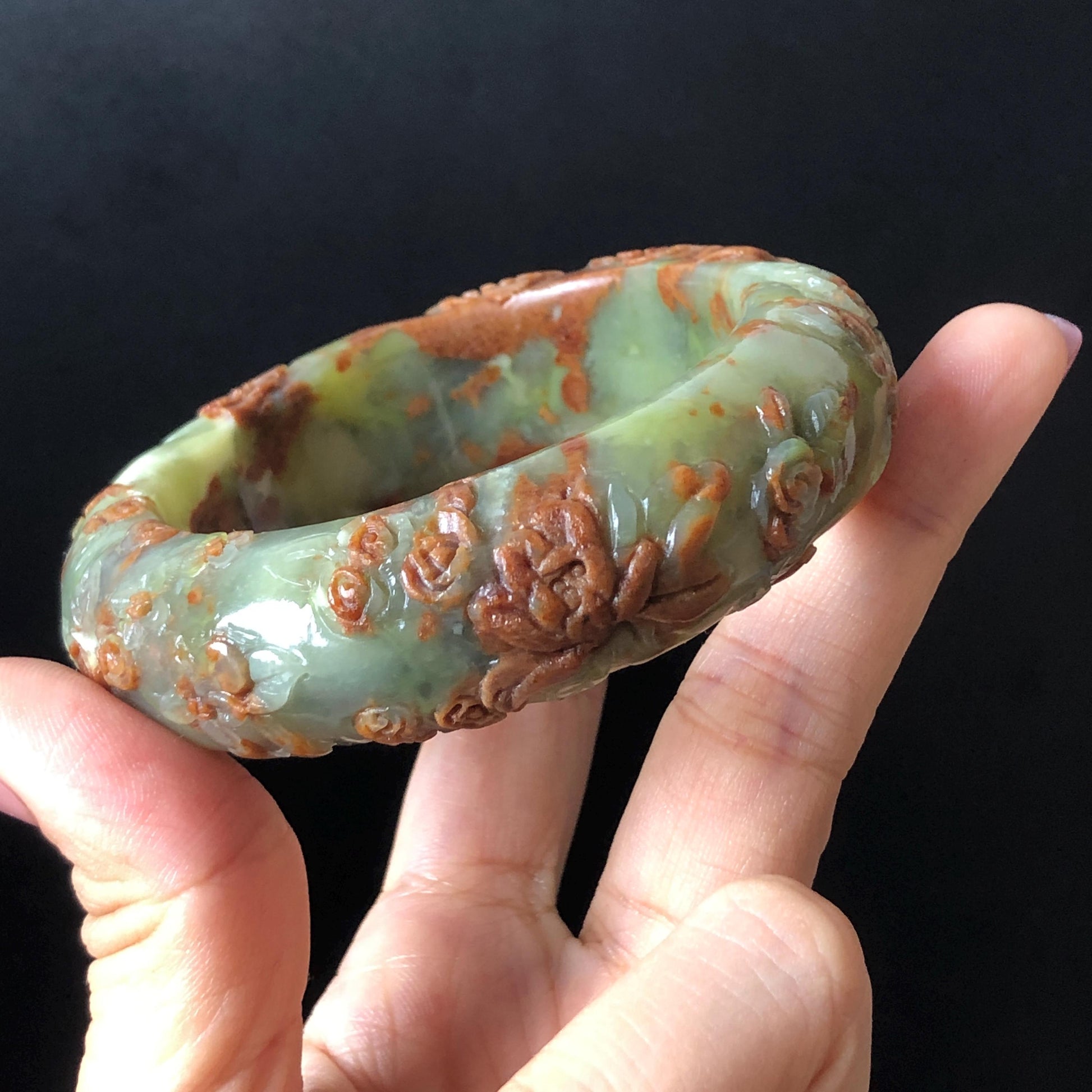 57.1mm Xiu Jade Peony Lotus Flowers Hand Carved Bangle: Natural Serpentine Brown White Green Jade Handcrafted Bracelet, Stone Carving Gemstone Jewelry Gift for her wide jade bangle jade carving hand engraved stone carving natural untreated jade bracelet white jade green jade brown jade handcraft jade peony carving flower carving chinese jade vintage bangle antique bracelet Osmanthus flower antique bangle hand engraved jewelry lotus carving lotus leaves relief carving birthday gift for women