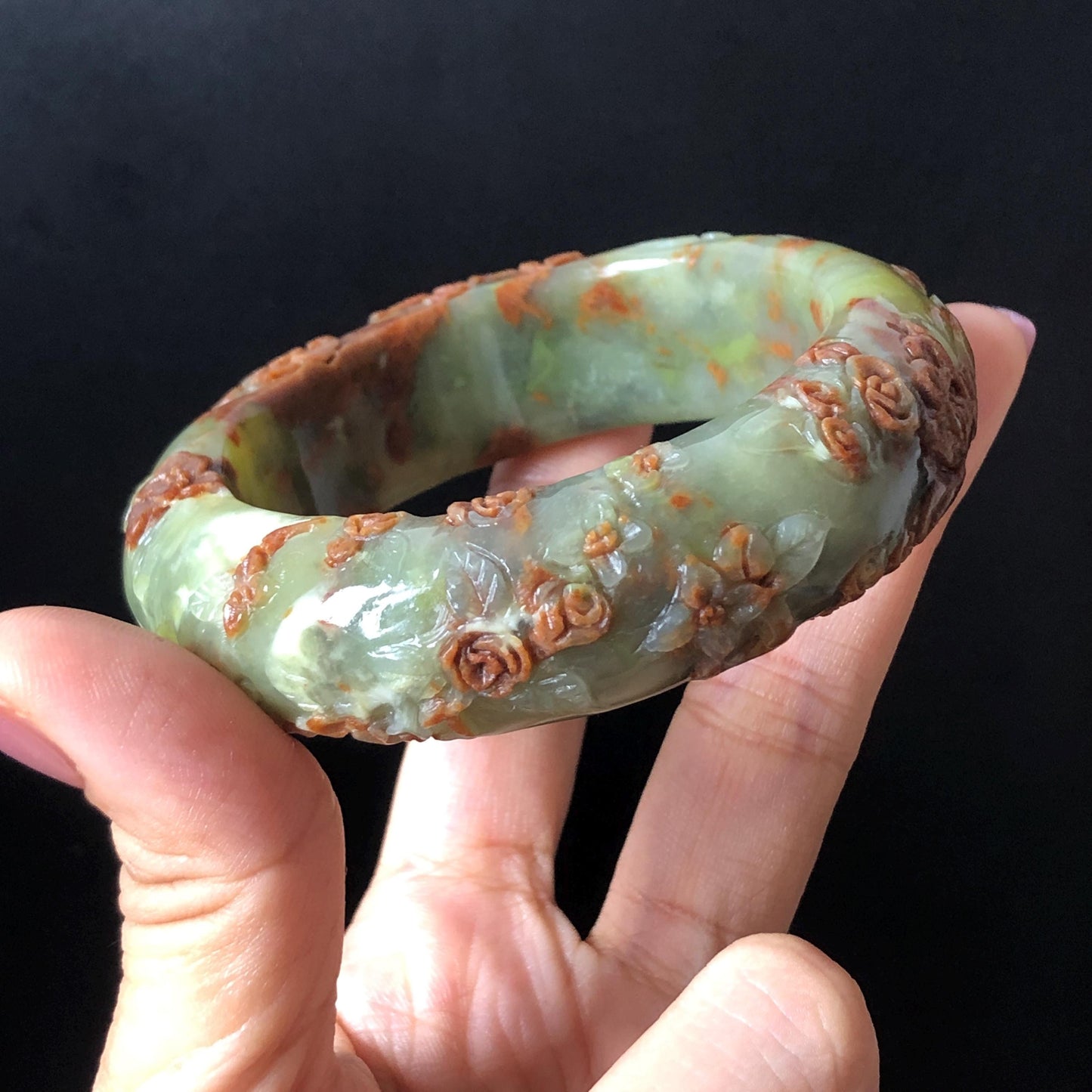 57.1mm Xiu Jade Peony Lotus Flowers Hand Carved Bangle: Natural Serpentine Brown White Green Jade Handcrafted Bracelet, Stone Carving Gemstone Jewelry Gift for her wide jade bangle jade carving hand engraved stone carving natural untreated jade bracelet white jade green jade brown jade handcraft jade peony carving flower carving chinese jade vintage bangle antique bracelet Osmanthus flower antique bangle hand engraved jewelry lotus carving lotus leaves relief carving birthday gift for women