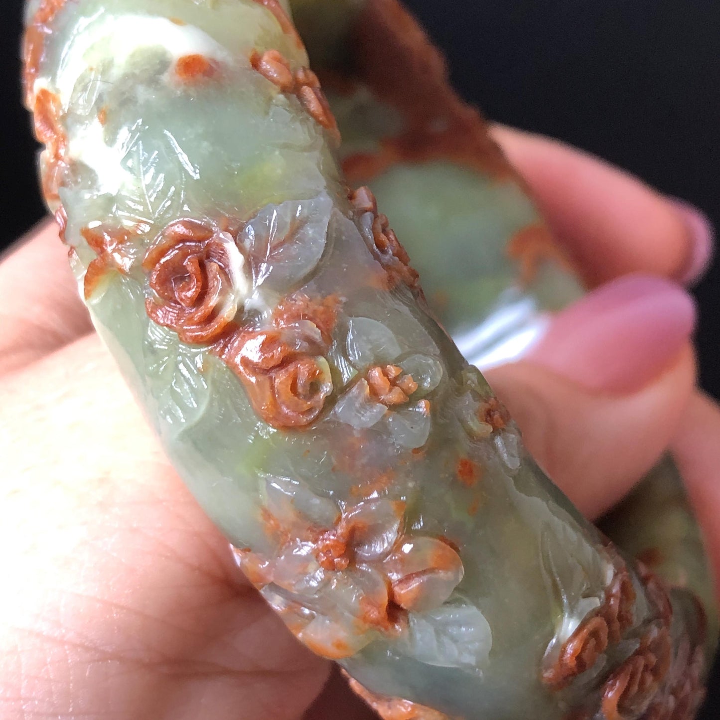 57.1mm Xiu Jade Peony Lotus Flowers Hand Carved Bangle: Natural Serpentine Brown White Green Jade Handcrafted Bracelet, Stone Carving Gemstone Jewelry Gift for her wide jade bangle jade carving hand engraved stone carving natural untreated jade bracelet white jade green jade brown jade handcraft jade peony carving flower carving chinese jade vintage bangle antique bracelet Osmanthus flower antique bangle hand engraved jewelry lotus carving lotus leaves relief carving birthday gift for women