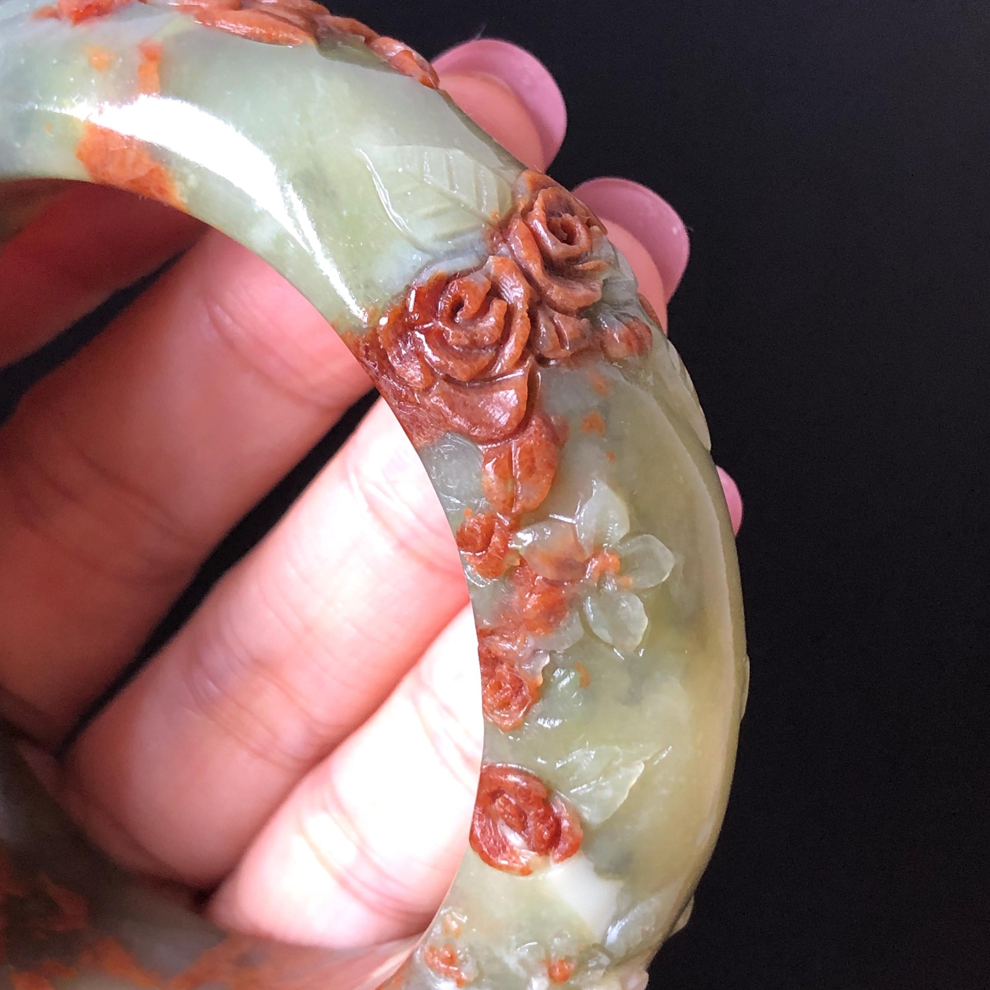 57.1mm Xiu Jade Peony Lotus Flowers Hand Carved Bangle: Natural Serpentine Brown White Green Jade Handcrafted Bracelet, Stone Carving Gemstone Jewelry Gift for her wide jade bangle jade carving hand engraved stone carving natural untreated jade bracelet white jade green jade brown jade handcraft jade peony carving flower carving chinese jade vintage bangle antique bracelet Osmanthus flower antique bangle hand engraved jewelry lotus carving lotus leaves relief carving birthday gift for women