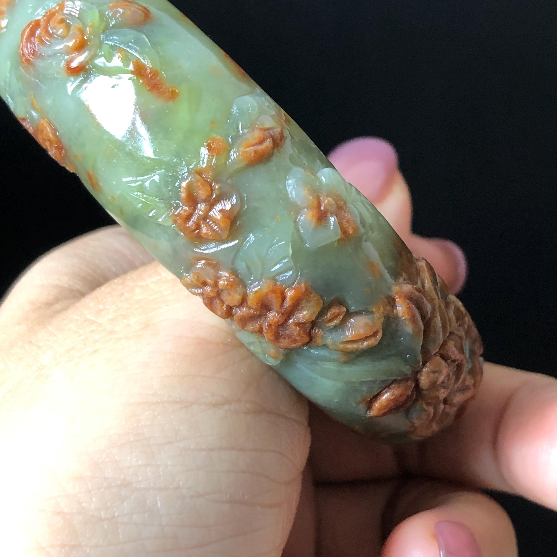 57.1mm Xiu Jade Peony Lotus Flowers Hand Carved Bangle: Natural Serpentine Brown White Green Jade Handcrafted Bracelet, Stone Carving Gemstone Jewelry Gift for her wide jade bangle jade carving hand engraved stone carving natural untreated jade bracelet white jade green jade brown jade handcraft jade peony carving flower carving chinese jade vintage bangle antique bracelet Osmanthus flower antique bangle hand engraved jewelry lotus carving lotus leaves relief carving birthday gift for women