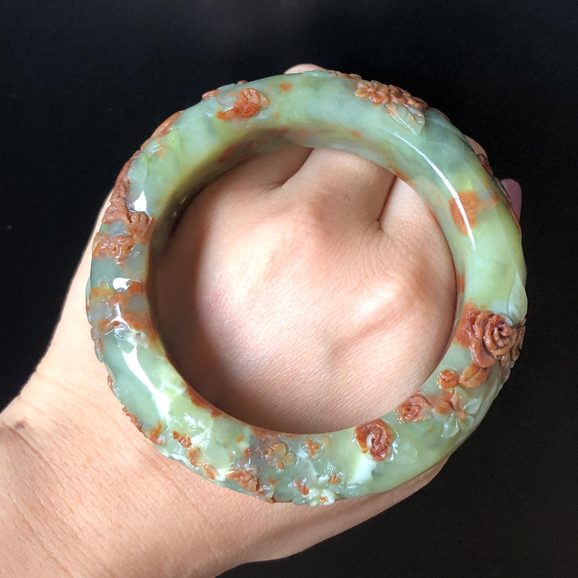57.1mm Xiu Jade Peony Lotus Flowers Hand Carved Bangle: Natural Serpentine Brown White Green Jade Handcrafted Bracelet, Stone Carving Gemstone Jewelry Gift for her wide jade bangle jade carving hand engraved stone carving natural untreated jade bracelet white jade green jade brown jade handcraft jade peony carving flower carving chinese jade vintage bangle antique bracelet Osmanthus flower antique bangle hand engraved jewelry lotus carving lotus leaves relief carving birthday gift for women