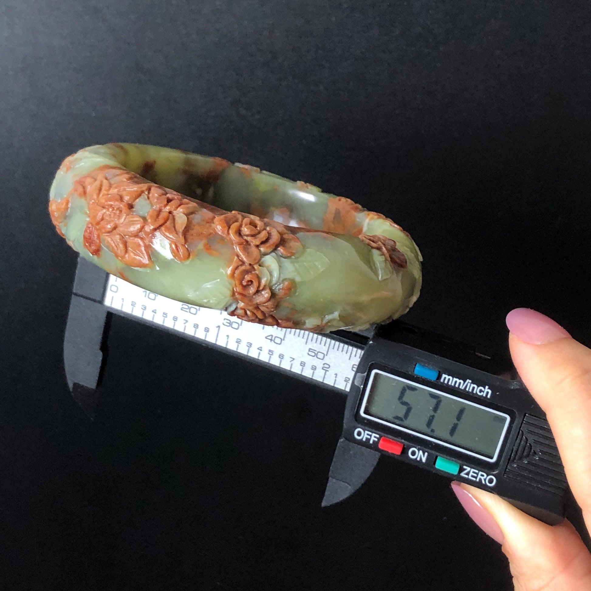57.1mm Xiu Jade Peony Lotus Flowers Hand Carved Bangle: Natural Serpentine Brown White Green Jade Handcrafted Bracelet, Stone Relief Carving