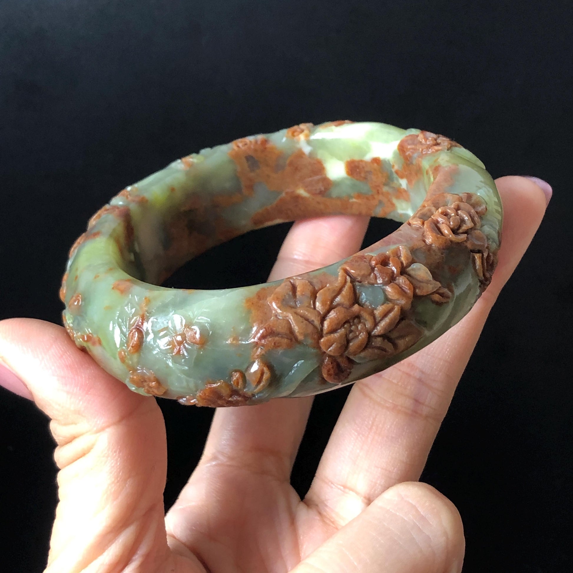 57.1mm Xiu Jade Peony Lotus Flowers Hand Carved Bangle: Natural Serpentine Brown White Green Jade Handcrafted Bracelet, Stone Carving Gemstone Jewelry Gift for her wide jade bangle jade carving hand engraved stone carving natural untreated jade bracelet white jade green jade brown jade handcraft jade peony carving flower carving chinese jade vintage bangle antique bracelet Osmanthus flower antique bangle hand engraved jewelry lotus carving lotus leaves relief carving birthday gift for women