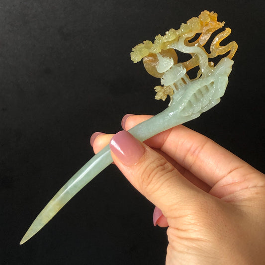 Certified Xiu Jade Serpentine Hand Carved Pavilions under Moon with Pine Tree Hair Pin: Natural Multicolour Orange Yellow GreenJade Hair Stick Hair Jewelry Chinese Vintage Hanfu Hair Fork gift for her green jade carving yellow jade flower carving landscapr carving hand engraved tree hairpins japanese hair stick korean hair pins vinatge hair fork chinese hair comb antique hairpins  accessory 3D stone carving asian hair crown hair claws