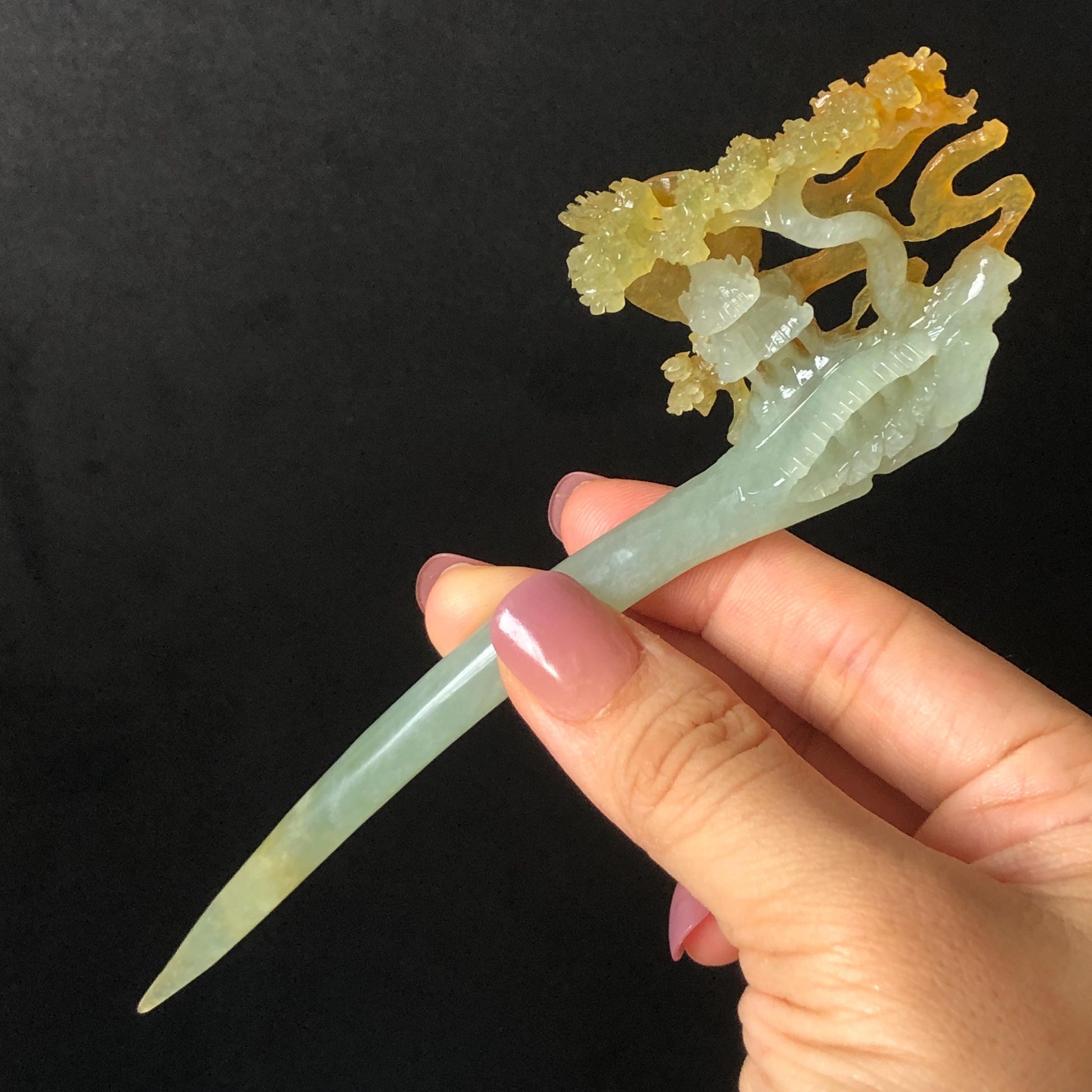Certified Xiu Jade Serpentine Hand Carved Pavilions under Moon with Pine Tree Hair Pin: Natural Multicolour Orange Yellow GreenJade Hair Stick Hair Jewelry Chinese Vintage Hanfu Hair Fork gift for her green jade carving yellow jade flower carving landscapr carving hand engraved tree hairpins japanese hair stick korean hair pins vinatge hair fork chinese hair comb antique hairpins  accessory 3D stone carving asian hair crown hair claws