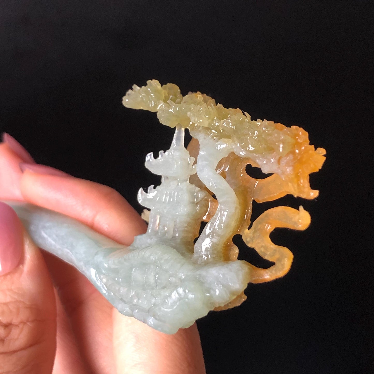 Certified Xiu Jade Serpentine Hand Carved Pavilions under Moon with Pine Tree Hair Pin: Natural Multicolour Orange Yellow GreenJade Hair Stick Hair Jewelry Chinese Vintage Hanfu Hair Fork gift for her green jade carving yellow jade flower carving landscapr carving hand engraved tree hairpins japanese hair stick korean hair pins vinatge hair fork chinese hair comb antique hairpins  accessory 3D stone carving asian hair crown hair claws