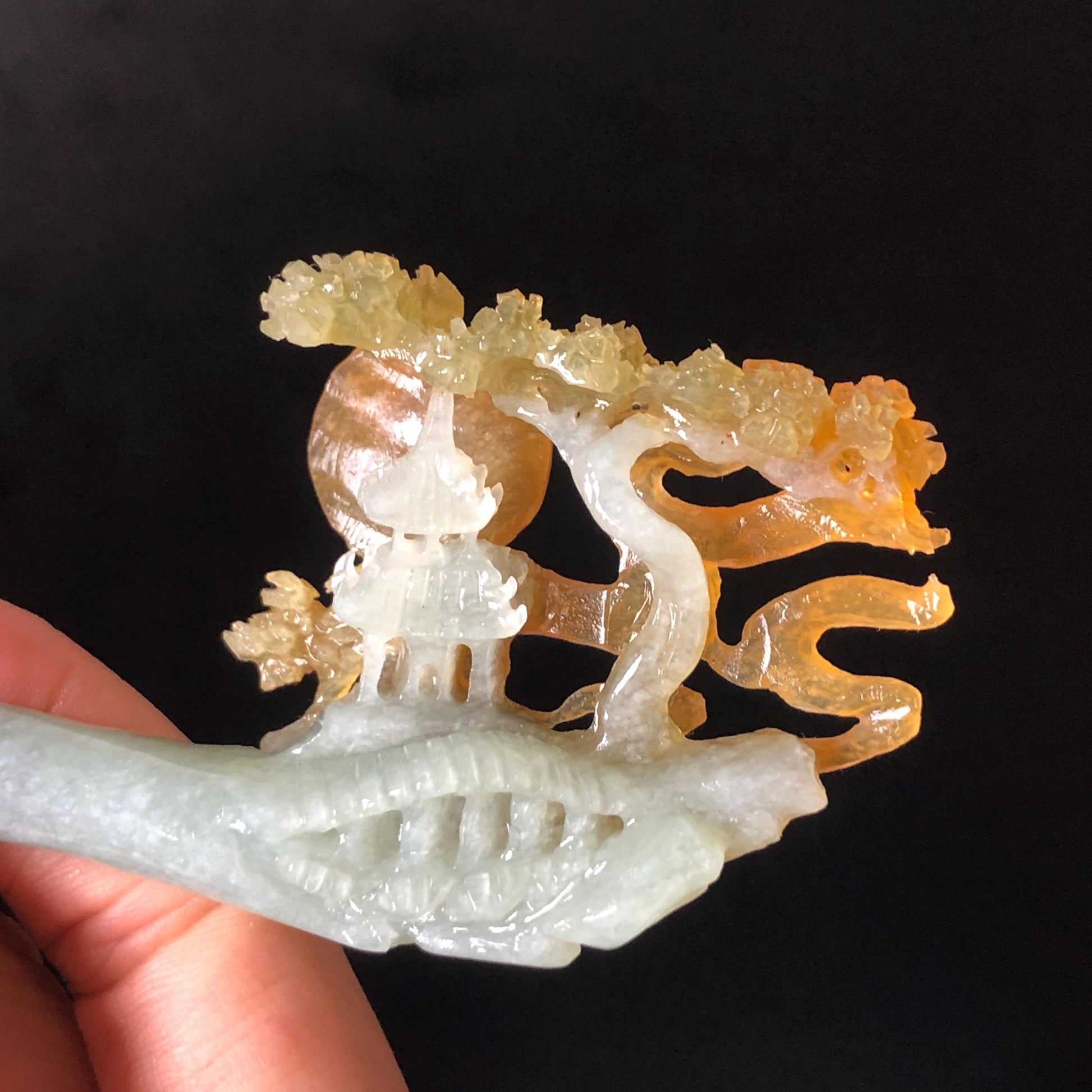 Certified Xiu Jade Serpentine Hand Carved Pavilions under Moon with Pine Tree Hair Pin: Natural Multicolour Orange Yellow GreenJade Hair Stick Hair Jewelry Chinese Vintage Hanfu Hair Fork gift for her green jade carving yellow jade flower carving landscapr carving hand engraved tree hairpins japanese hair stick korean hair pins vinatge hair fork chinese hair comb antique hairpins  accessory 3D stone carving asian hair crown hair claws