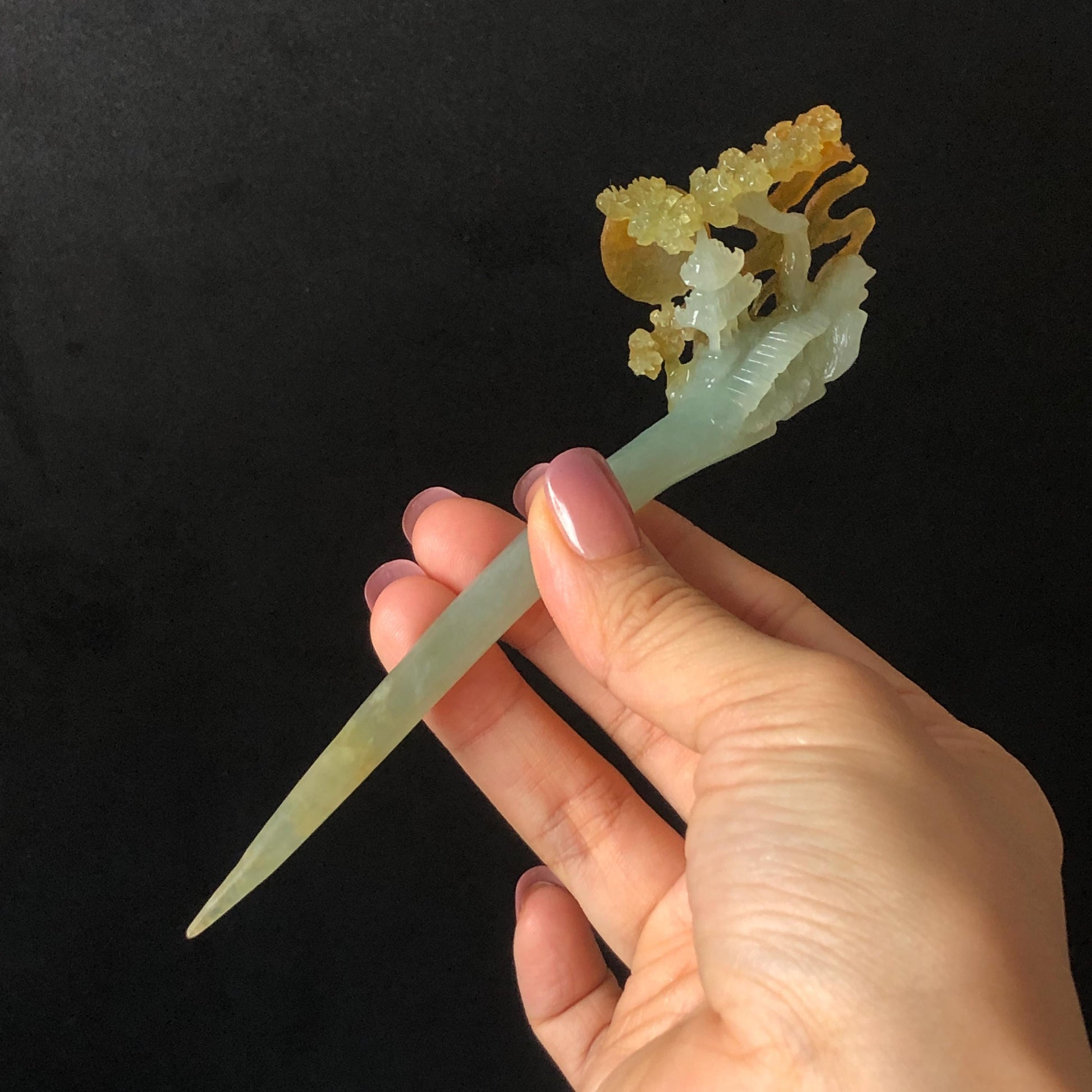 Certified Xiu Jade Serpentine Hand Carved Pavilions under Moon with Pine Tree Hair Pin: Natural Multicolour Orange Yellow GreenJade Hair Stick Hair Jewelry Chinese Vintage Hanfu Hair Fork gift for her green jade carving yellow jade flower carving landscapr carving hand engraved tree hairpins japanese hair stick korean hair pins vinatge hair fork chinese hair comb antique hairpins  accessory 3D stone carving asian hair crown hair claws