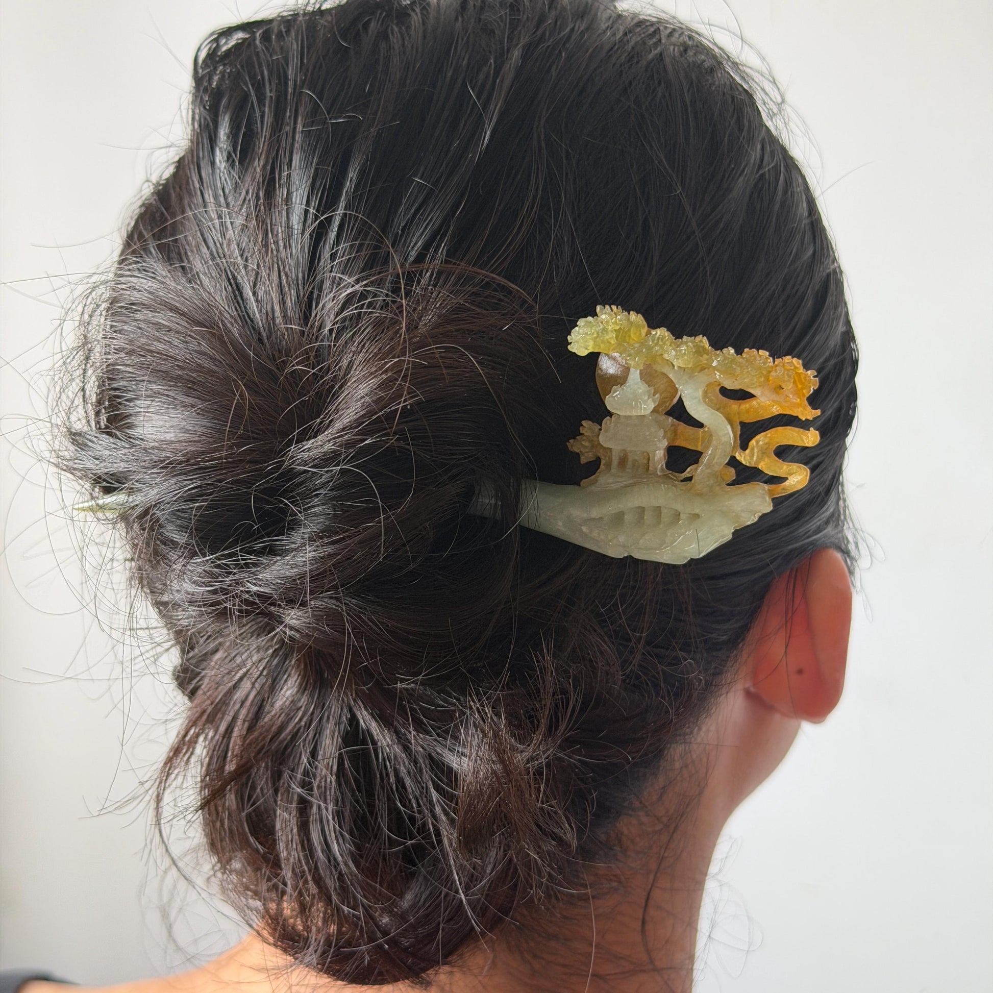 Certified Xiu Jade Serpentine Hand Carved Pavilions under Moon with Pine Tree Hair Pin: Natural Multicolour Orange Yellow GreenJade Hair Stick Hair Jewelry Chinese Vintage Hanfu Hair Fork gift for her green jade carving yellow jade flower carving landscapr carving hand engraved tree hairpins japanese hair stick korean hair pins vinatge hair fork chinese hair comb antique hairpins  accessory 3D stone carving asian hair crown hair claws