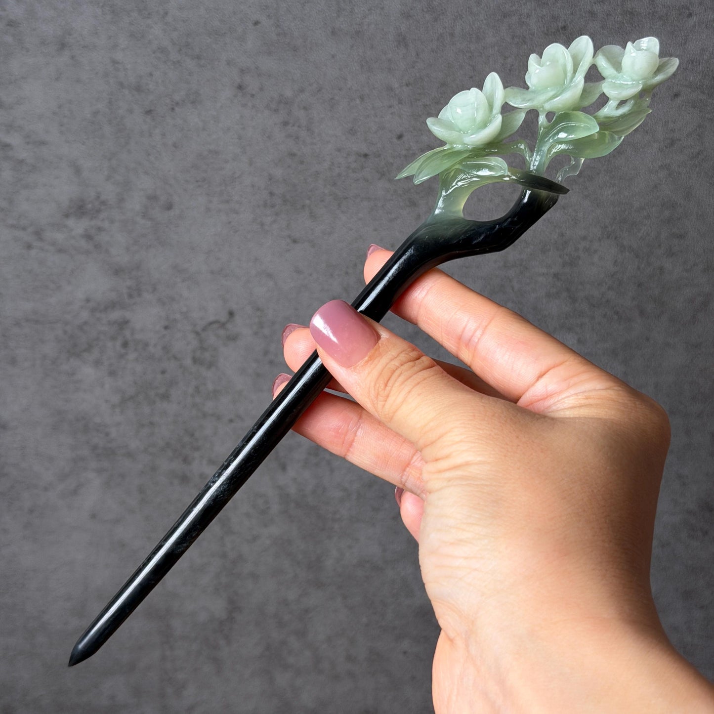Xiu Jade Peach Blossom Flower Hand Carved Hair Pin: Certified Natural Serpentine Multicolor Black White Green Jade Handcrafted Hair Stick | Asian Vintage Hair Fork 3D stone carving Hair Jewelry Chinese Hanfu Hair Fork gift for her green jade carving white jade black jade flower carving hand engraved hairpins japanese hair stick korean hair pins hair fork hair comb antique hairpins wedding headpiece engagement hair jewelry bridal shower gift wedding bridal hair accessory asian hair crown