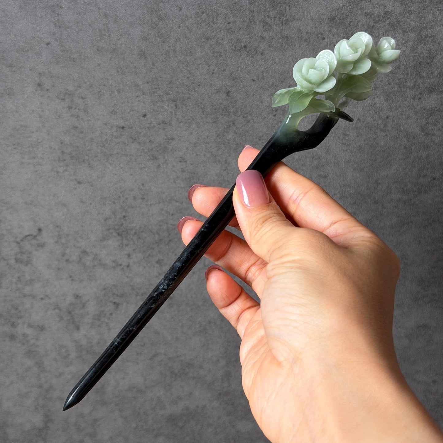 Xiu Jade Peach Blossom Flower Hand Carved Hair Pin: Certified Natural Serpentine Multicolor Black White Green Jade Handcrafted Hair Stick | Asian Vintage Hair Fork 3D stone carving Hair Jewelry Chinese Hanfu Hair Fork gift for her green jade carving white jade black jade flower carving hand engraved hairpins japanese hair stick korean hair pins hair fork hair comb antique hairpins wedding headpiece engagement hair jewelry bridal shower gift wedding bridal hair accessory asian hair crown