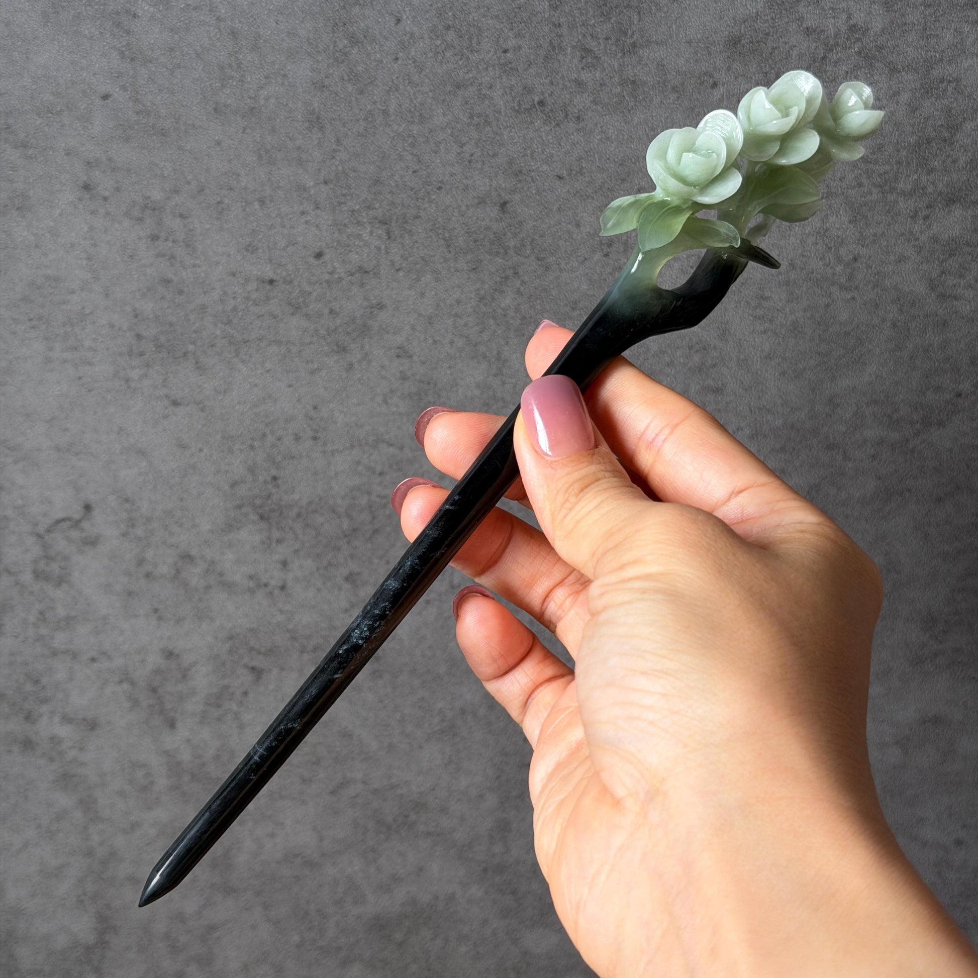 Xiu Jade Peach Blossom Flower Hand Carved Hair Pin: Certified Natural Serpentine Multicolor Black White Green Jade Handcrafted Hair Stick | Asian Vintage Hair Fork 3D stone carving Hair Jewelry Chinese Hanfu Hair Fork gift for her green jade carving white jade black jade flower carving hand engraved hairpins japanese hair stick korean hair pins hair fork hair comb antique hairpins wedding headpiece engagement hair jewelry bridal shower gift wedding bridal hair accessory asian hair crown