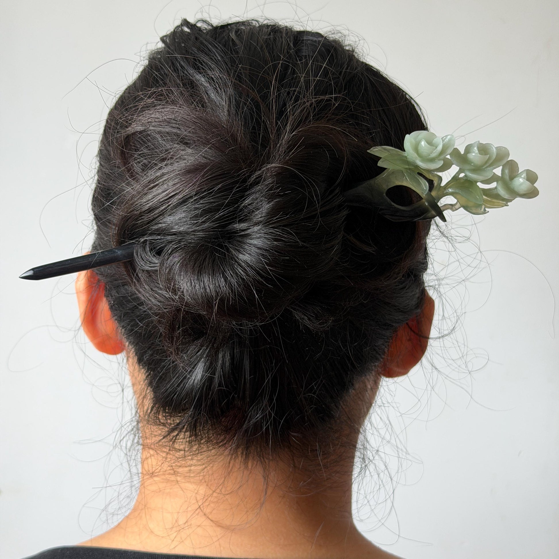 Xiu Jade Peach Blossom Flower Hand Carved Hair Pin: Certified Natural Serpentine Multicolor Black White Green Jade Handcrafted Hair Stick | Asian Vintage Hair Fork 3D stone carving Hair Jewelry Chinese Hanfu Hair Fork gift for her green jade carving white jade black jade flower carving hand engraved hairpins japanese hair stick korean hair pins hair fork hair comb antique hairpins wedding headpiece engagement hair jewelry bridal shower gift wedding bridal hair accessory asian hair crown