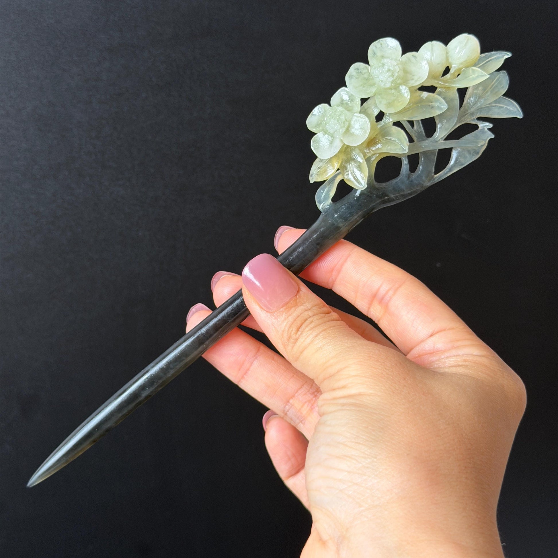 Xiu Jade Peach Blossom Flower Hand Carved Hair Pin: Certified Natural Serpentine Multicolor Black White Green Jade Handcrafted Hair Stick | Asian Vintage Hair Fork 3D stone carving Hair Jewelry Chinese Hanfu Hair Fork gift for her green jade carving white jade black jade flower carving hand engraved hairpins japanese hair stick korean hair pins hair fork hair comb antique hairpins wedding headpiece engagement hair jewelry bridal shower gift wedding bridal hair accessory asian hair crown