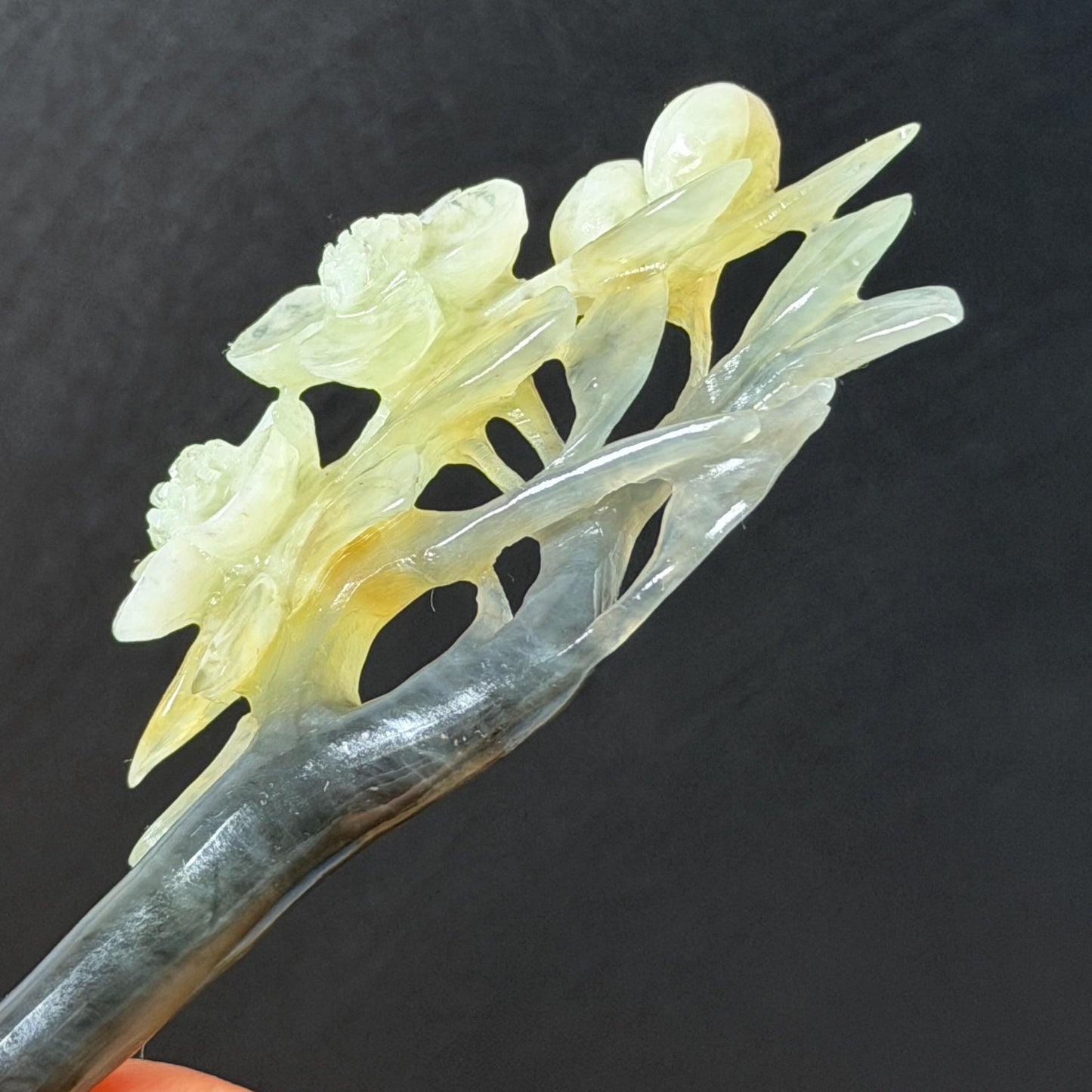 Xiu Jade Peach Blossom Flower Hand Carved Hair Pin: Certified Natural Serpentine Multicolor Black White Green Jade Handcrafted Hair Stick | Asian Vintage Hair Fork 3D stone carving Hair Jewelry Chinese Hanfu Hair Fork gift for her green jade carving white jade black jade flower carving hand engraved hairpins japanese hair stick korean hair pins hair fork hair comb antique hairpins wedding headpiece engagement hair jewelry bridal shower gift wedding bridal hair accessory asian hair crown
