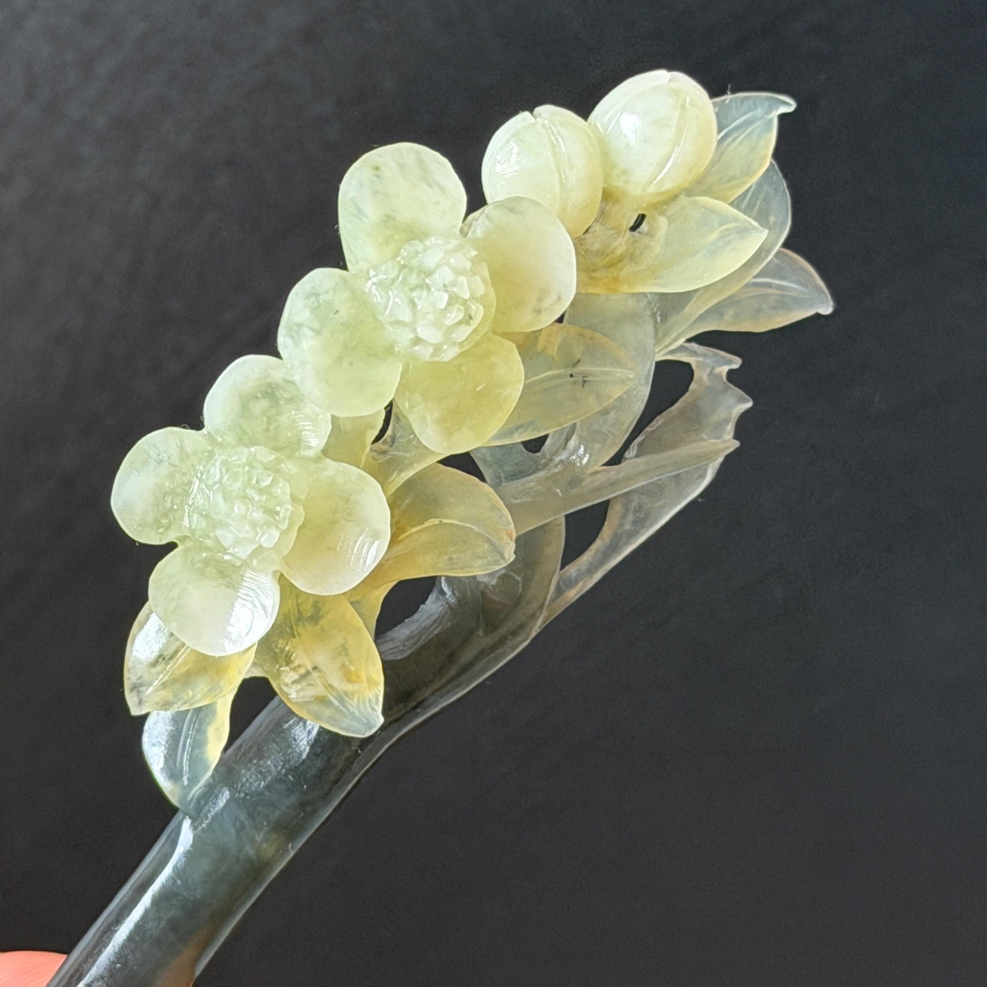 Xiu Jade Peach Blossom Flower Hand Carved Hair Pin: Certified Natural Serpentine Multicolor Black White Green Jade Handcrafted Hair Stick | Asian Vintage Hair Fork 3D stone carving Hair Jewelry Chinese Hanfu Hair Fork gift for her green jade carving white jade black jade flower carving hand engraved hairpins japanese hair stick korean hair pins hair fork hair comb antique hairpins wedding headpiece engagement hair jewelry bridal shower gift wedding bridal hair accessory asian hair crown