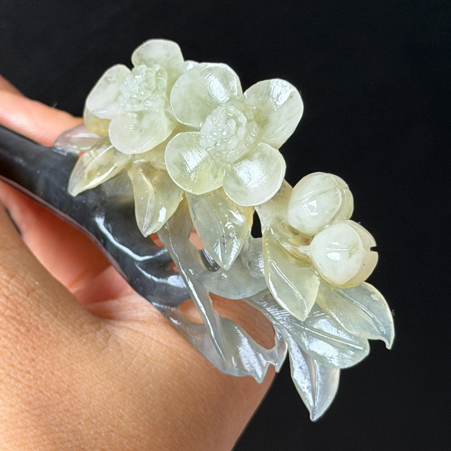 Xiu Jade Peach Blossom Flower Hand Carved Hair Pin: Certified Natural Serpentine Multicolor Black White Green Jade Handcrafted Hair Stick | Asian Vintage Hair Fork 3D stone carving Hair Jewelry Chinese Hanfu Hair Fork gift for her green jade carving white jade black jade flower carving hand engraved hairpins japanese hair stick korean hair pins hair fork hair comb antique hairpins wedding headpiece engagement hair jewelry bridal shower gift wedding bridal hair accessory asian hair crown