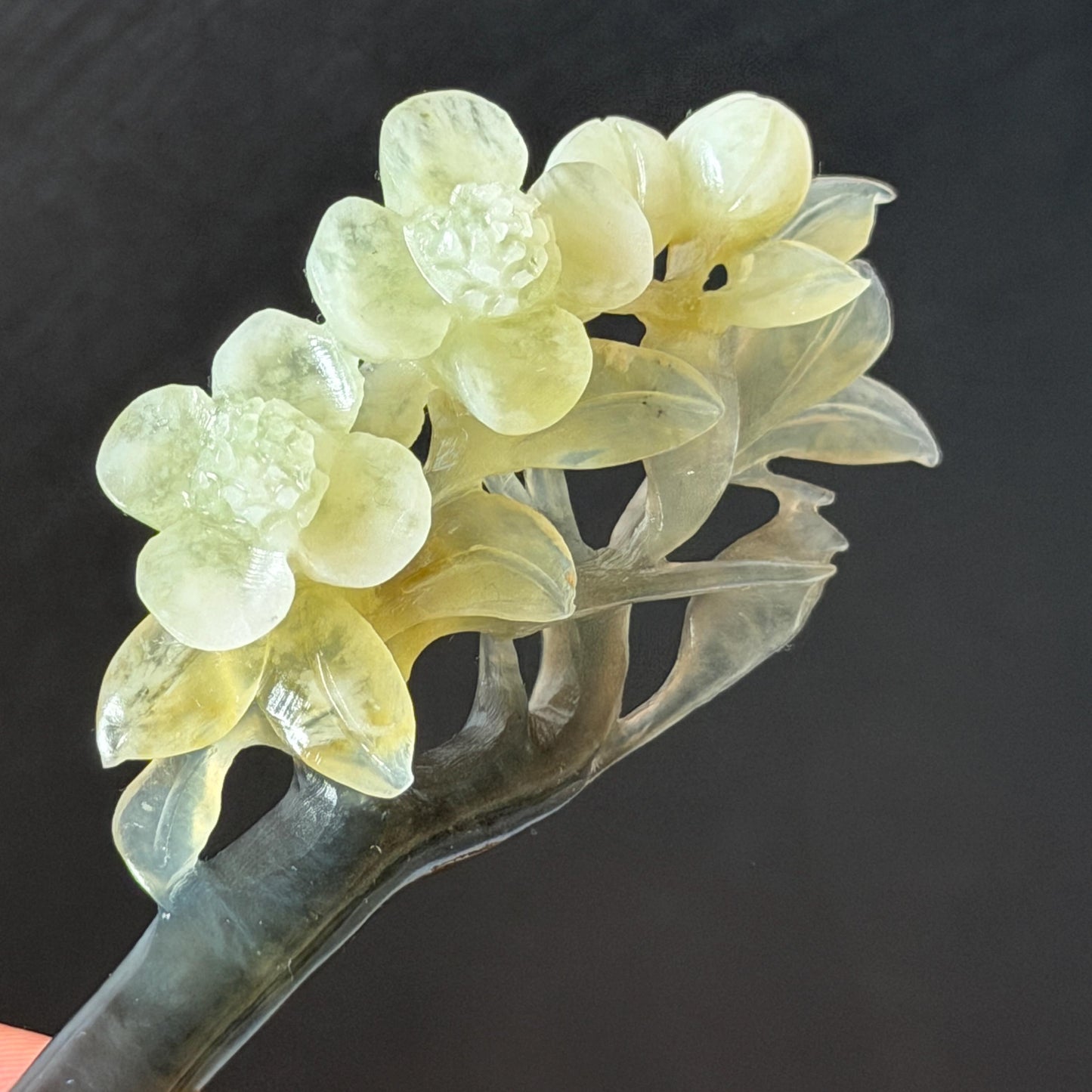 Xiu Jade Peach Blossom Flower Hand Carved Hair Pin: Certified Natural Serpentine Multicolor Black White Green Jade Handcrafted Hair Stick | Asian Vintage Hair Fork 3D stone carving Hair Jewelry Chinese Hanfu Hair Fork gift for her green jade carving white jade black jade flower carving hand engraved hairpins japanese hair stick korean hair pins hair fork hair comb antique hairpins wedding headpiece engagement hair jewelry bridal shower gift wedding bridal hair accessory asian hair crown