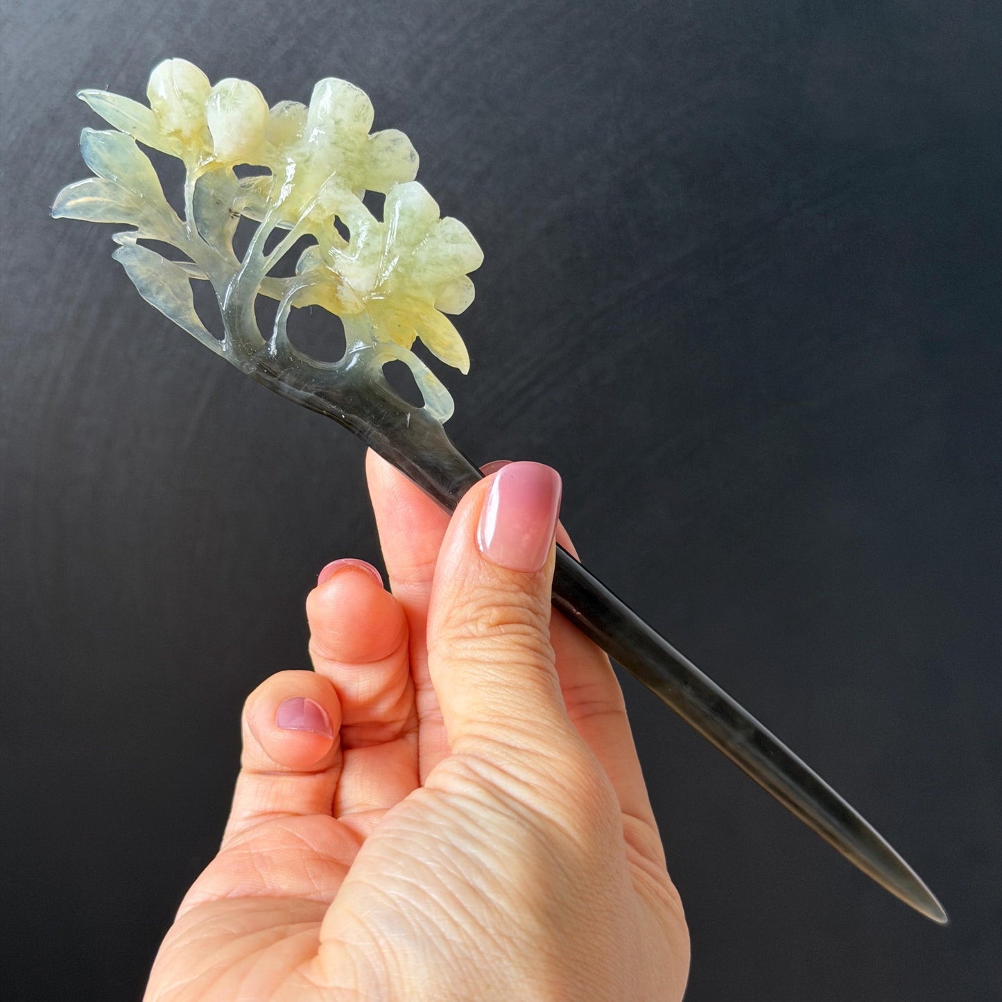 Xiu Jade Peach Blossom Flower Hand Carved Hair Pin: Certified Natural Serpentine Multicolor Black White Green Jade Handcrafted Hair Stick | Asian Vintage Hair Fork 3D stone carving Hair Jewelry Chinese Hanfu Hair Fork gift for her green jade carving white jade black jade flower carving hand engraved hairpins japanese hair stick korean hair pins hair fork hair comb antique hairpins wedding headpiece engagement hair jewelry bridal shower gift wedding bridal hair accessory asian hair crown