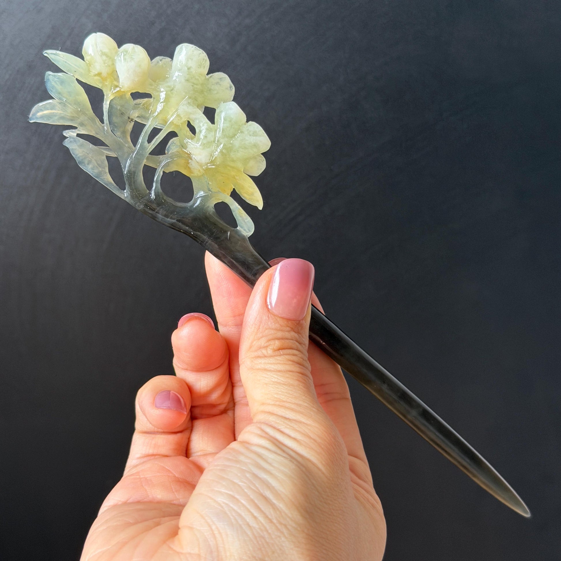 Xiu Jade Peach Blossom Flower Hand Carved Hair Pin: Certified Natural Serpentine Multicolor Black White Green Jade Handcrafted Hair Stick | Asian Vintage Hair Fork 3D stone carving Hair Jewelry Chinese Hanfu Hair Fork gift for her green jade carving white jade black jade flower carving hand engraved hairpins japanese hair stick korean hair pins hair fork hair comb antique hairpins wedding headpiece engagement hair jewelry bridal shower gift wedding bridal hair accessory asian hair crown