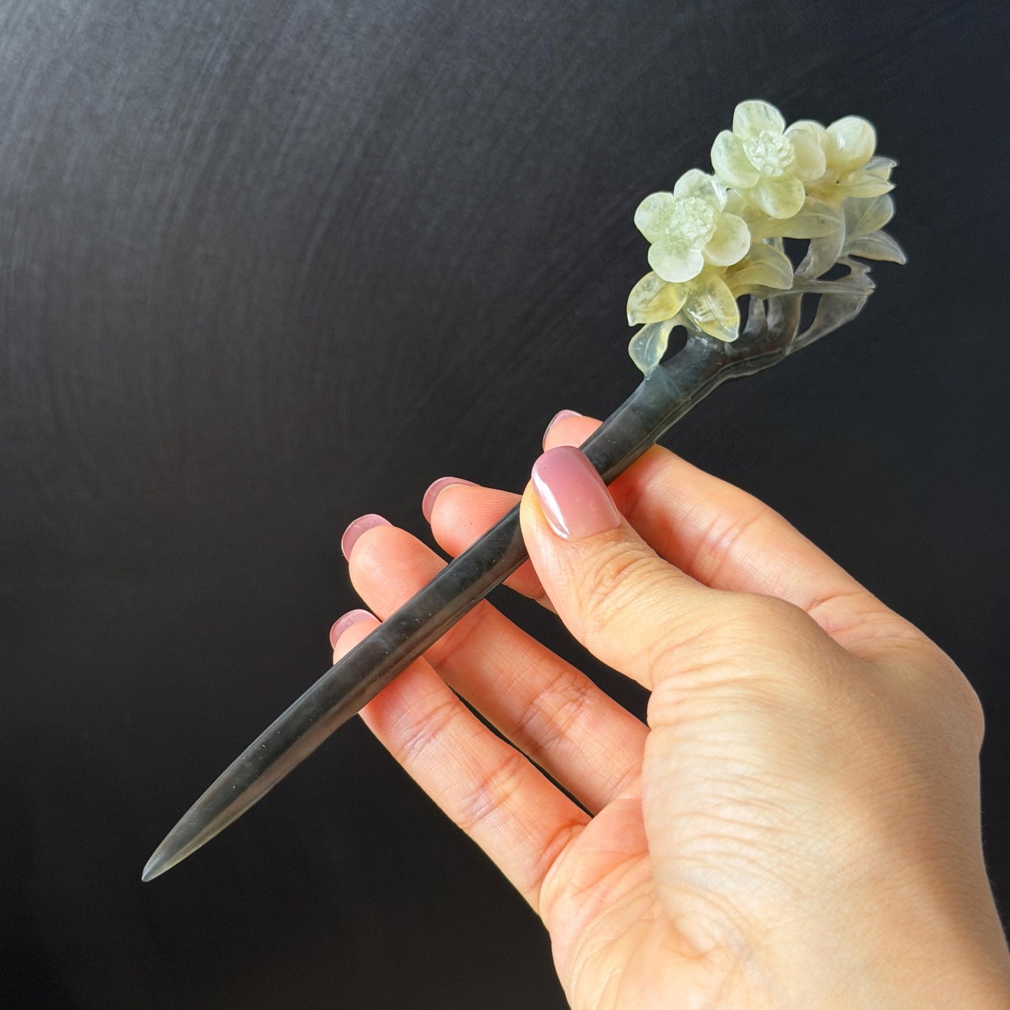 Xiu Jade Peach Blossom Flower Hand Carved Hair Pin: Certified Natural Serpentine Multicolor Black White Green Jade Handcrafted Hair Stick | Asian Vintage Hair Fork 3D stone carving Hair Jewelry Chinese Hanfu Hair Fork gift for her green jade carving white jade black jade flower carving hand engraved hairpins japanese hair stick korean hair pins hair fork hair comb antique hairpins wedding headpiece engagement hair jewelry bridal shower gift wedding bridal hair accessory asian hair crown