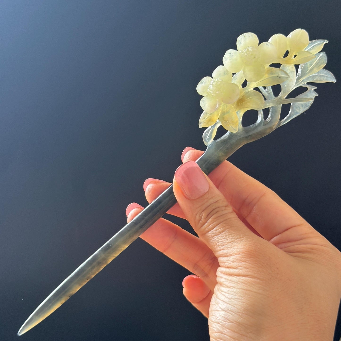 Xiu Jade Peach Blossom Flower Hand Carved Hair Pin: Certified Natural Serpentine Multicolor Black White Green Jade Handcrafted Hair Stick | Asian Vintage Hair Fork 3D stone carving Hair Jewelry Chinese Hanfu Hair Fork gift for her green jade carving white jade black jade flower carving hand engraved hairpins japanese hair stick korean hair pins hair fork hair comb antique hairpins wedding headpiece engagement hair jewelry bridal shower gift wedding bridal hair accessory asian hair crown