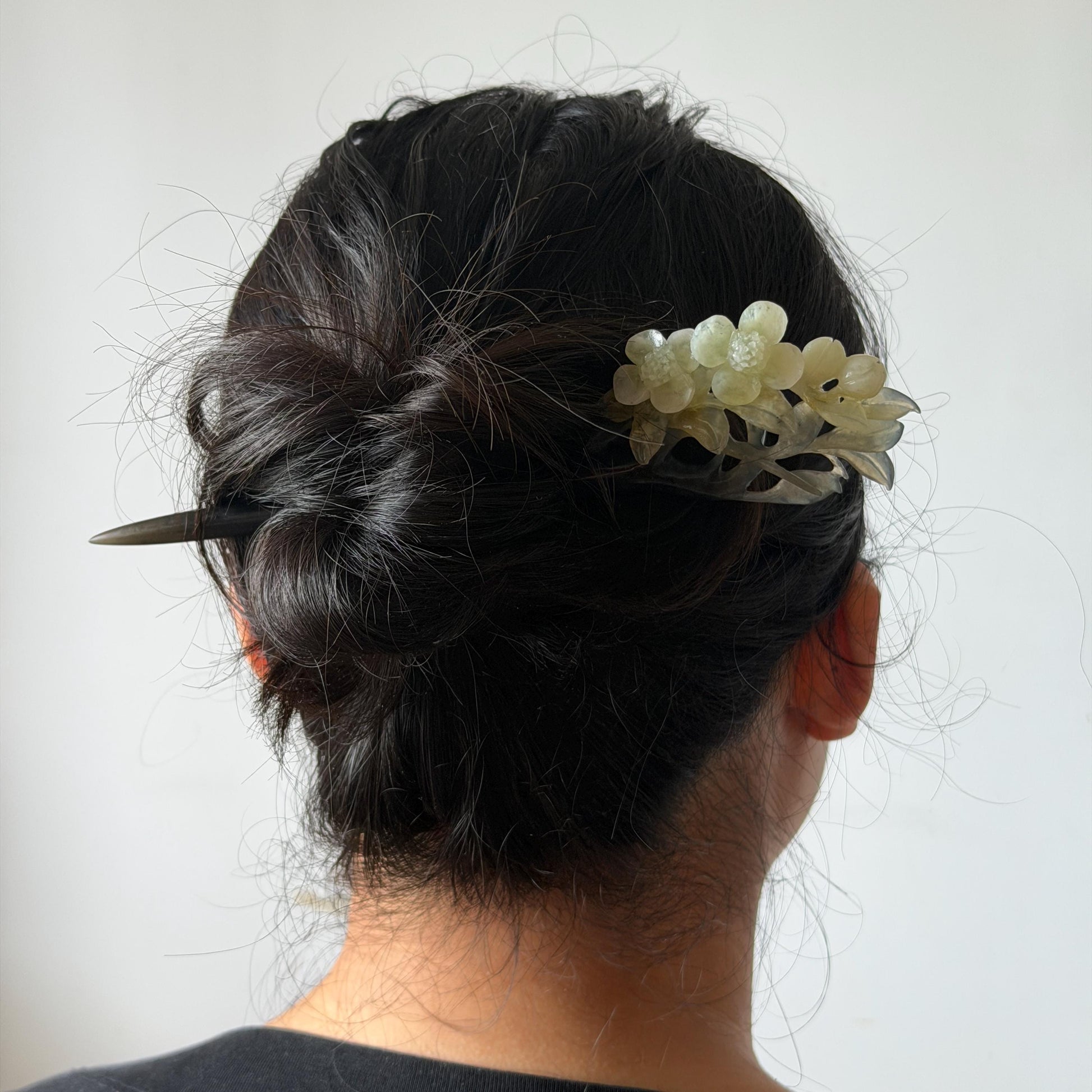 Xiu Jade Peach Blossom Flower Hand Carved Hair Pin: Certified Natural Serpentine Multicolor Black White Green Jade Handcrafted Hair Stick | Asian Vintage Hair Fork 3D stone carving Hair Jewelry Chinese Hanfu Hair Fork gift for her green jade carving white jade black jade flower carving hand engraved hairpins japanese hair stick korean hair pins hair fork hair comb antique hairpins wedding headpiece engagement hair jewelry bridal shower gift wedding bridal hair accessory asian hair crown