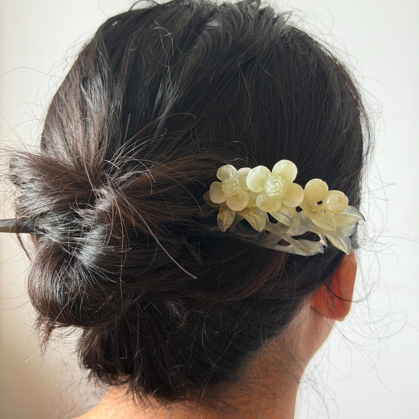 Xiu Jade Peach Blossom Flower Hand Carved Hair Pin: Certified Natural Serpentine Multicolor Black White Green Jade Handcrafted Hair Stick | Asian Vintage Hair Fork 3D stone carving Hair Jewelry Chinese Hanfu Hair Fork gift for her green jade carving white jade black jade flower carving hand engraved hairpins japanese hair stick korean hair pins hair fork hair comb antique hairpins wedding headpiece engagement hair jewelry bridal shower gift wedding bridal hair accessory asian hair crown