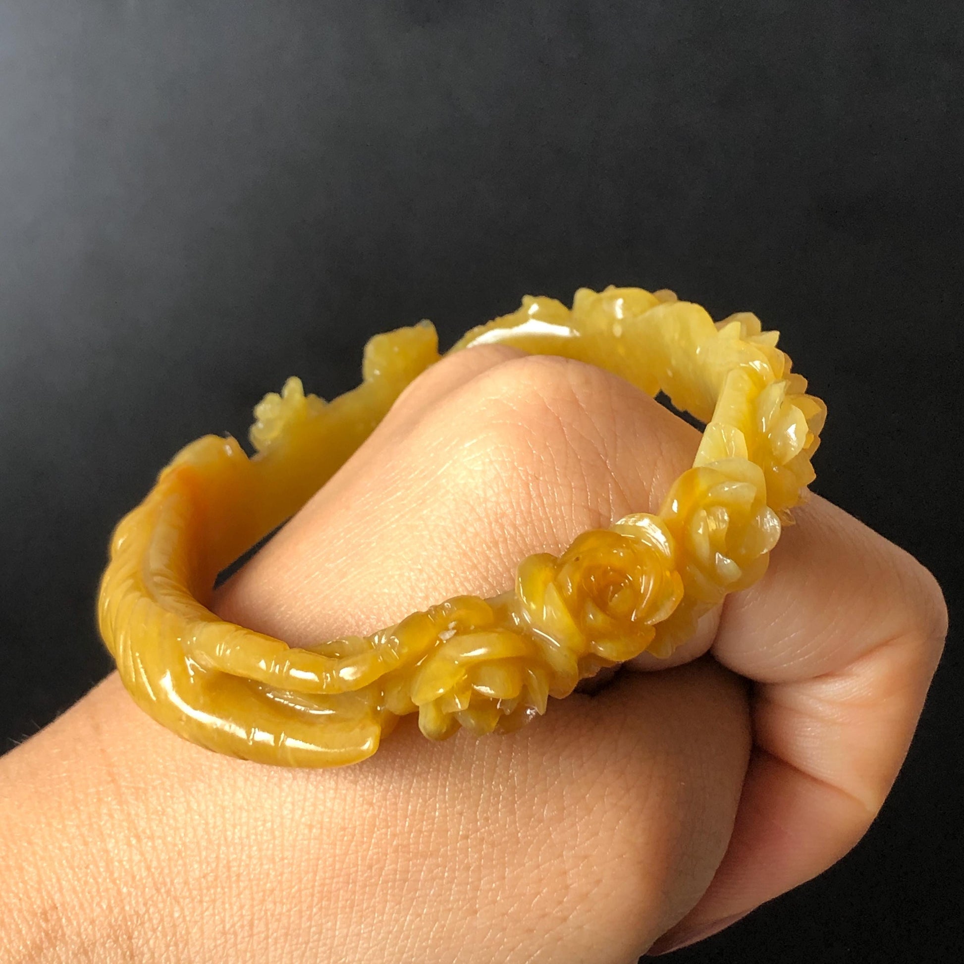 Custom Size 50-65mm! Xiu Jade Tiger & Rose Hand Craved Bangle: Certified Natural Serpentine Yellow Jade handcrafted Bracelet 3D stone carving Accept Customized order tailor-made bangle customized gift tiger lover gift for her custom size bangle natural jade with certificate bracelet yellow jade certified jade stone bangle gemstone bracelet crystal bangle jade carving rose carving flower carving personalized gift make to order antique bracelet chinese untreated jade birthday gift hallow out